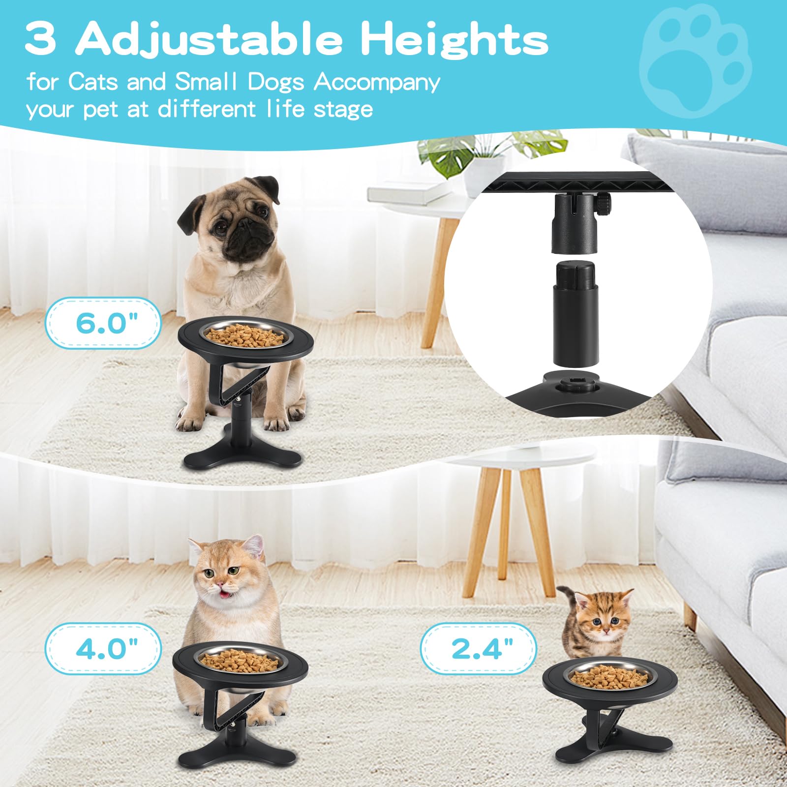 Elevated Cat Bowls Adjustable Stand,Non-Slip Stainless Steel Raised Cat Bowls With 15Tilted Stand For Cats And Puppy Black-2 Pac
