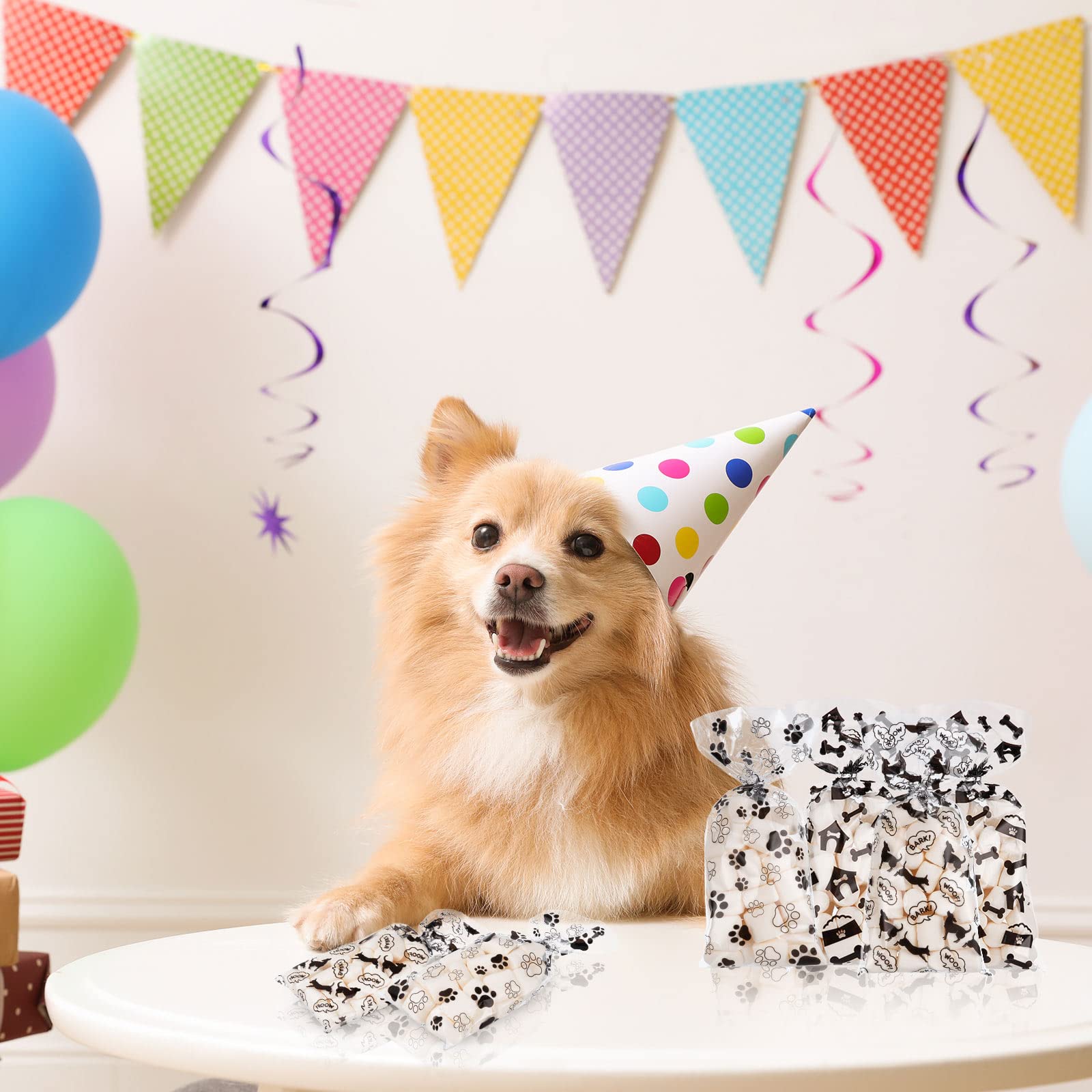 Whaline 150Pcs Dog Paw Cellophane Bags with 150Pcs Twist Ties Pet Paw Bone Print Cello Bags Clear Goodie Treat Bags Pet Theme Pa