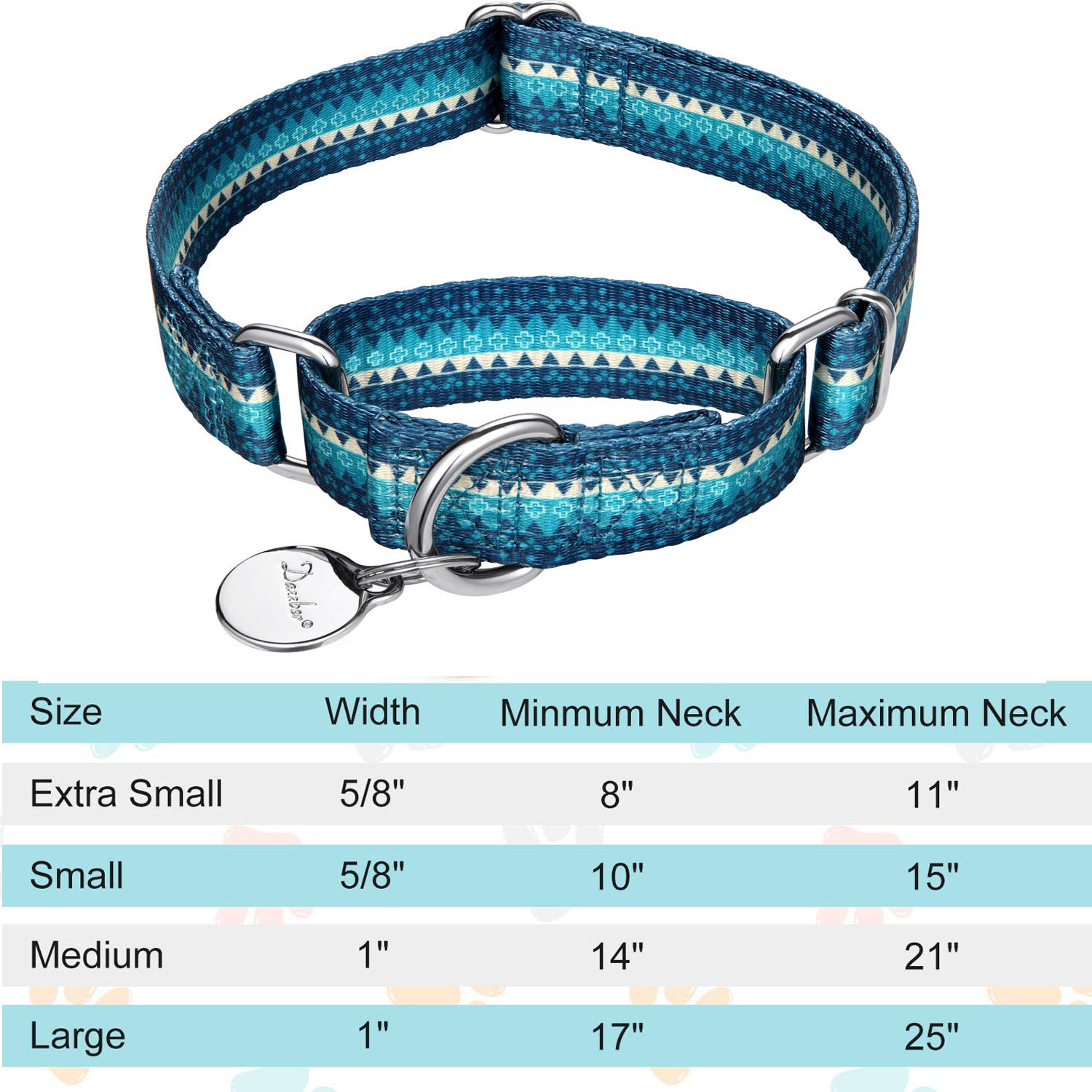 Dazzber Martingale Dog Collar - Soft Polyester, No Pull, Medium Size, Turquoise - Safety Training for Medium & Large Dogs