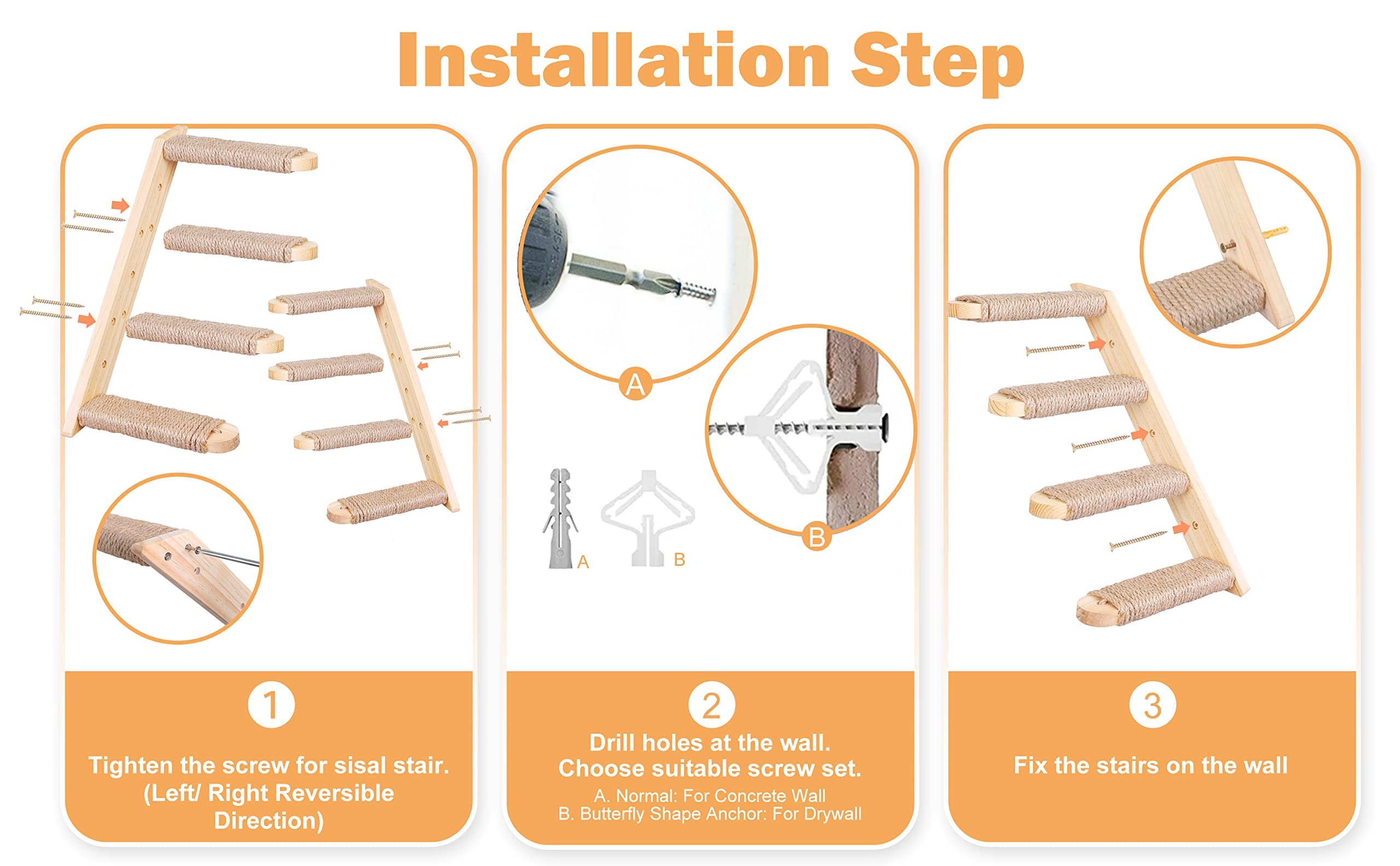 Cat Climbing Shelves Wall Mounted 2Pcs Four Cat Steps Reversible Left & Right Direction, Cat Shelf Stairway For Wall With Jute Scratching Ladder Cat Wall Shelves Furniture For Perch Sleeping