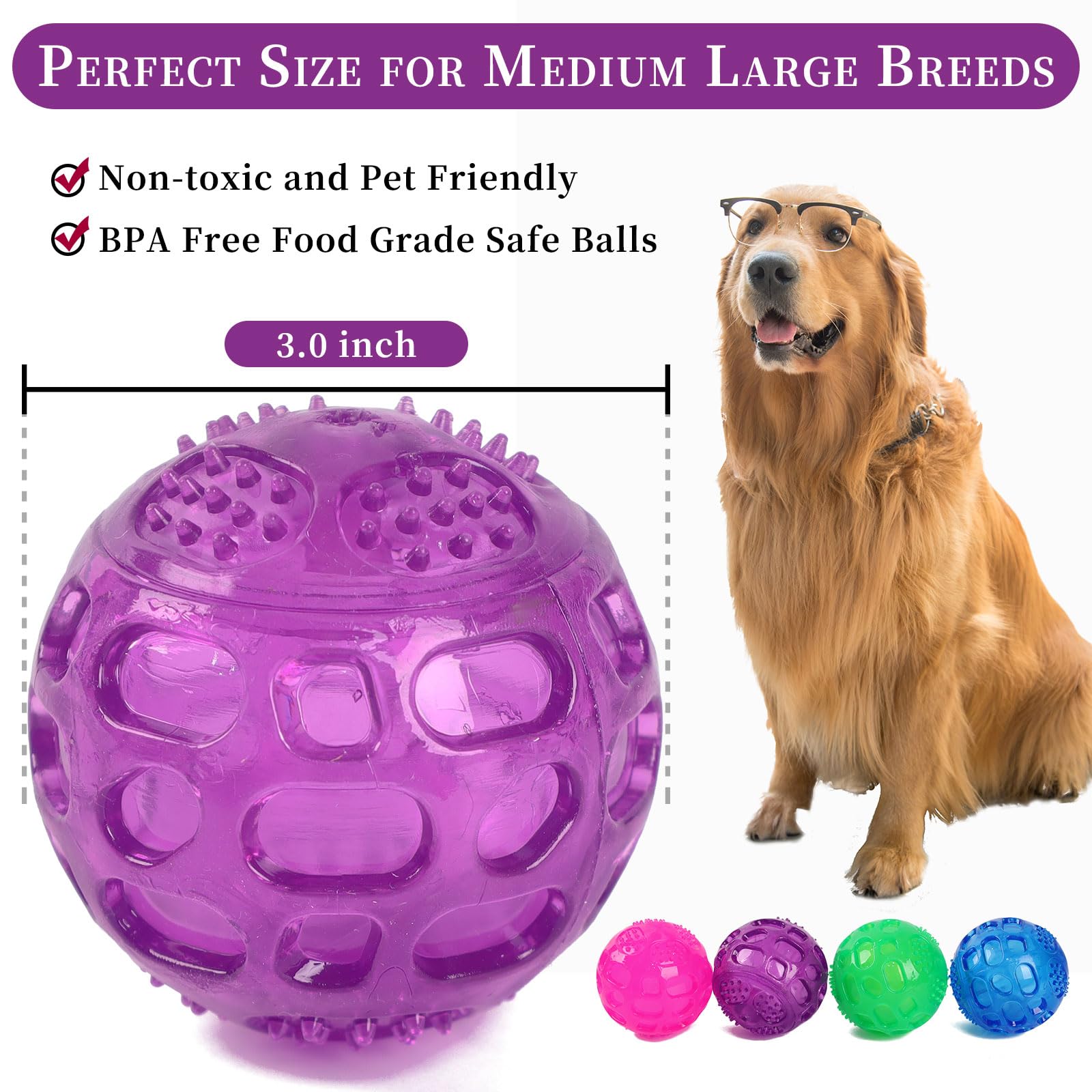 PJDH Squeaky Dog Toy Balls, Indestructible Rubber for Large Medium Breeds, 3'' Green, 2 PCS, Durable for Aggressive Chewers