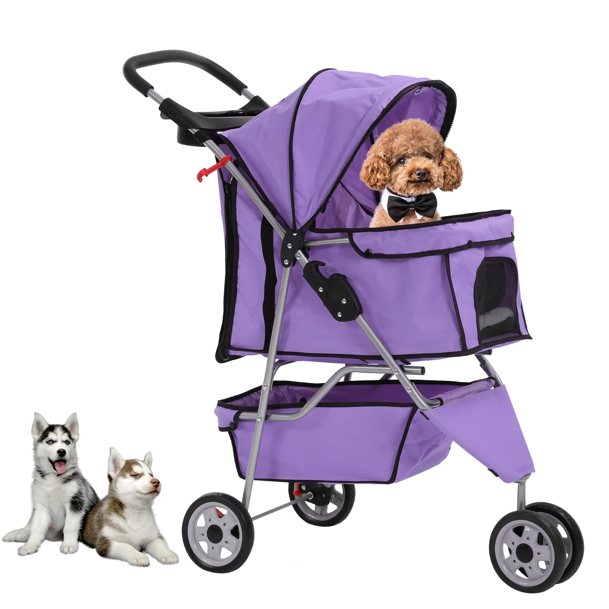 Dog Stroller,Travel Folding Pet Stroller for Small Medium Dog Cat Jogger Stroller with Storage Basket Removable Cup Holders (Pur
