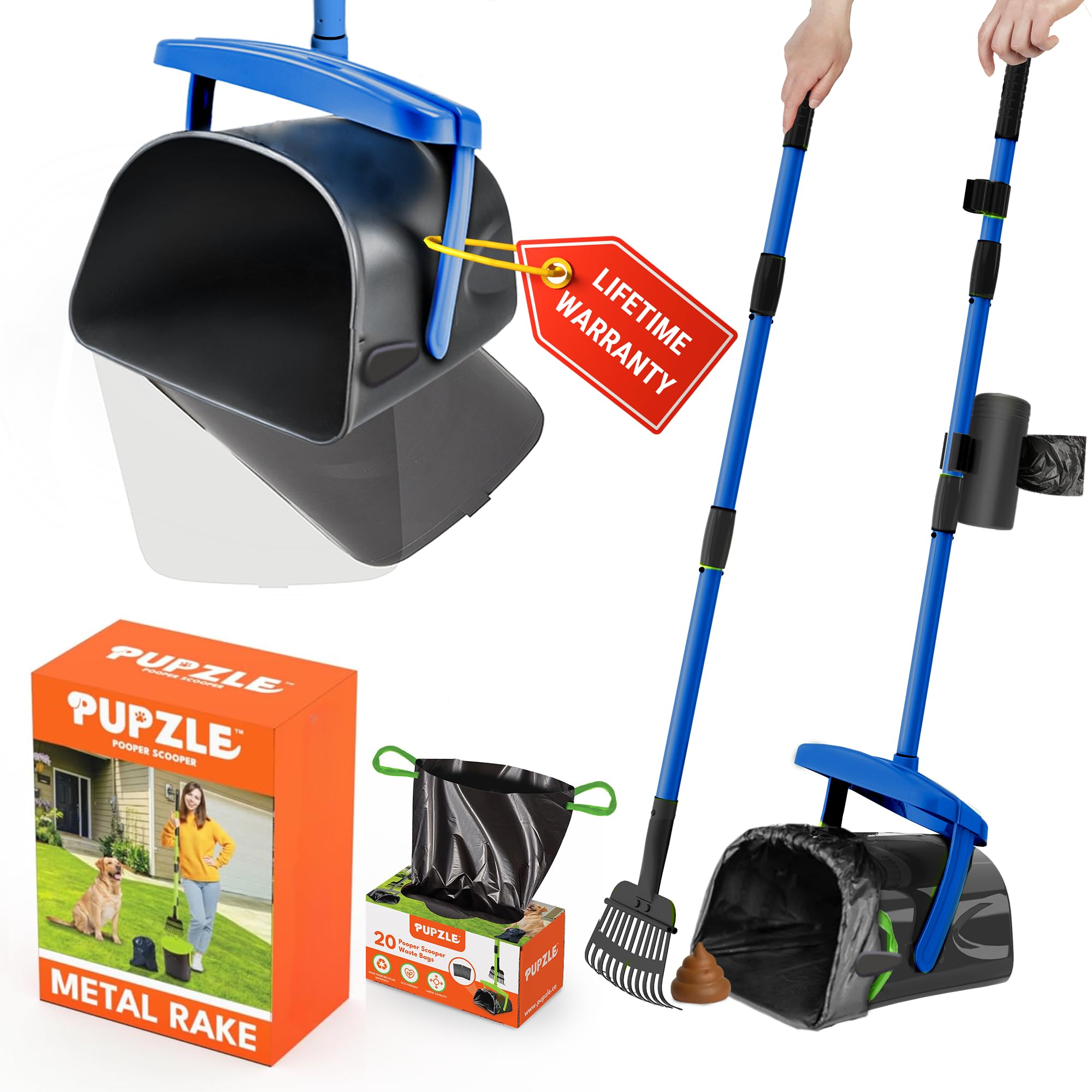 Pupzle Dog Pooper Scooper with Bag Attachment, 40 Long Handle Pooper Scooper for Large Dogs, Dog Poop Scoop for Yard, Large Capa