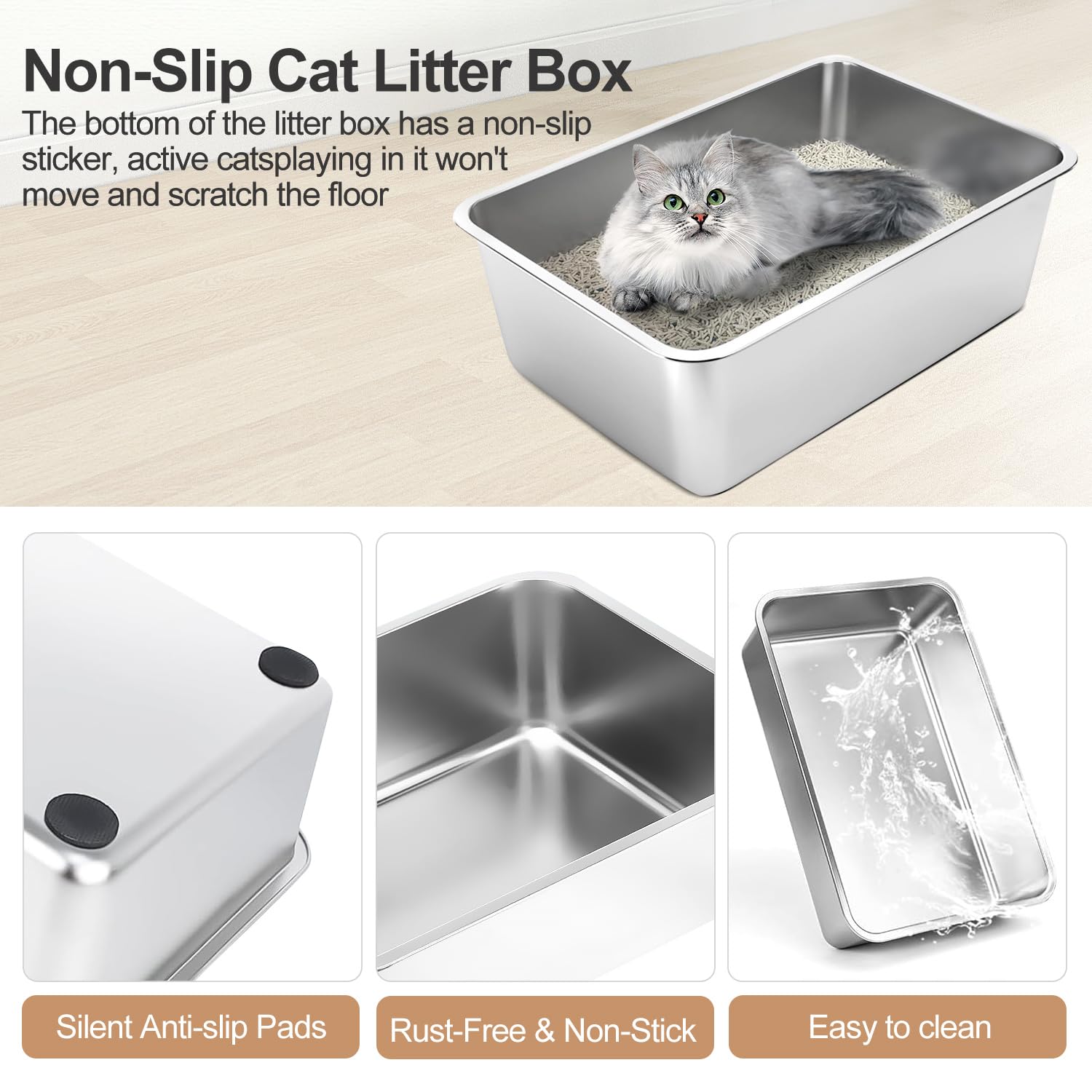 Sousia Stainless Steel Cat Litter Box With Lid Litter Pan Enclosure, Extra Large Litter Box For Large Cats And Multiple Cats, St