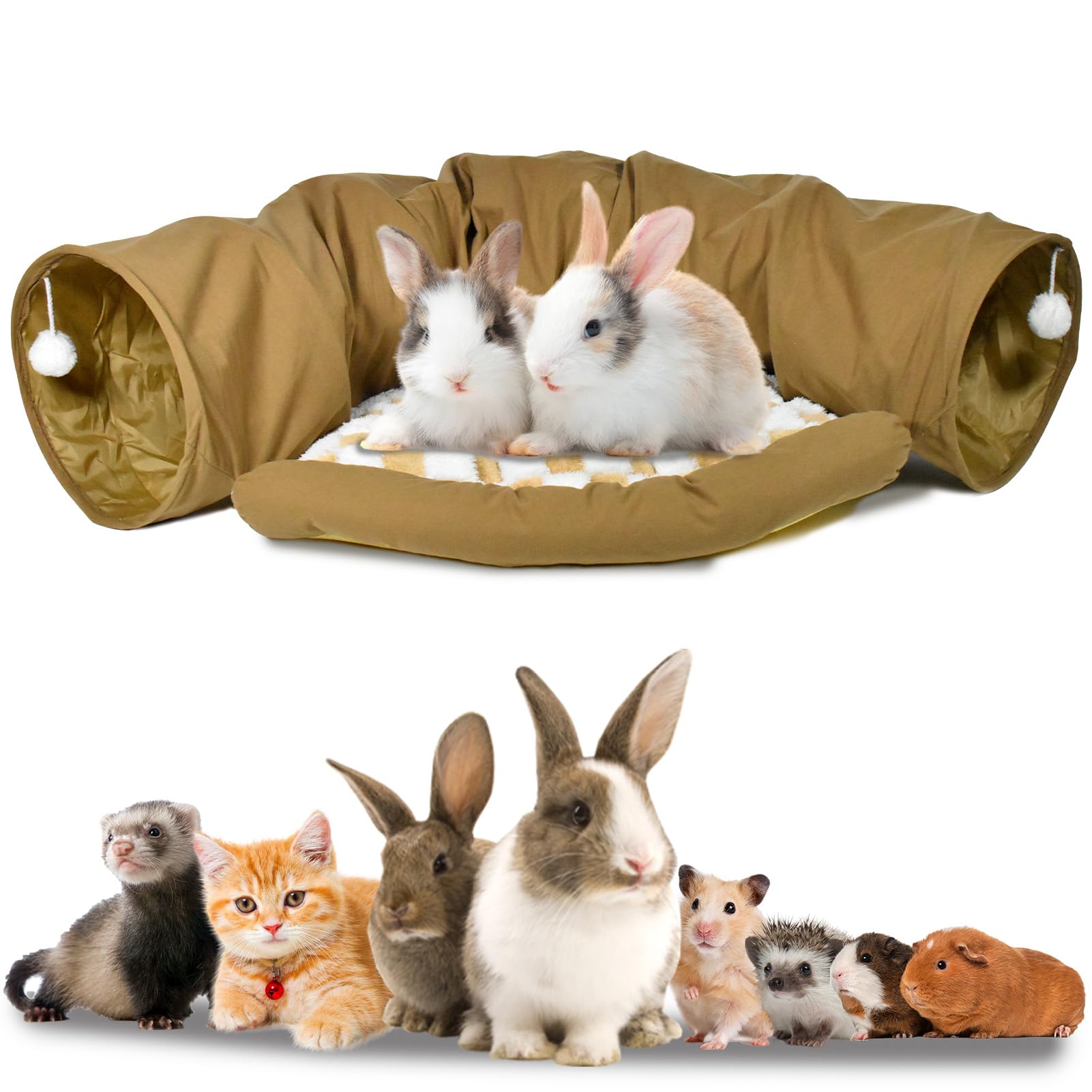 Greatbond Bunny Tunnel Bed, 2-In-1 Collapsible Tunnel Tubes Rabbit Toys, Bunny Hideout With Removable Bed Mat For Cats, Kittens,