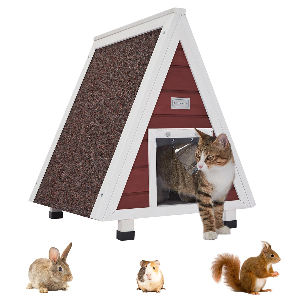 Petsfit Cat House Outdoor Weatherproof,Feral Cat House Outdoor Indoor With Escape Door For Rabbits,Ferret,Guinea Pig,Dogs And Other Small Animals Red