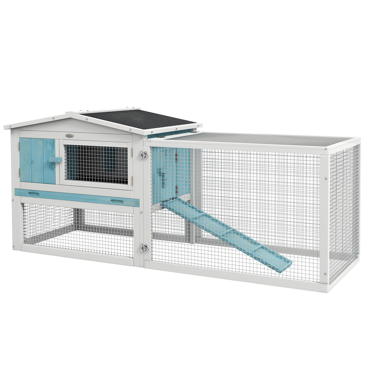 Pawhut Rabbit Hutch 2-Story Bunny Cage Small Animal House With Slide Out Tray, Detachable Run, For Indoor Outdoor, 61.5' X 23' X 27', Light Blue