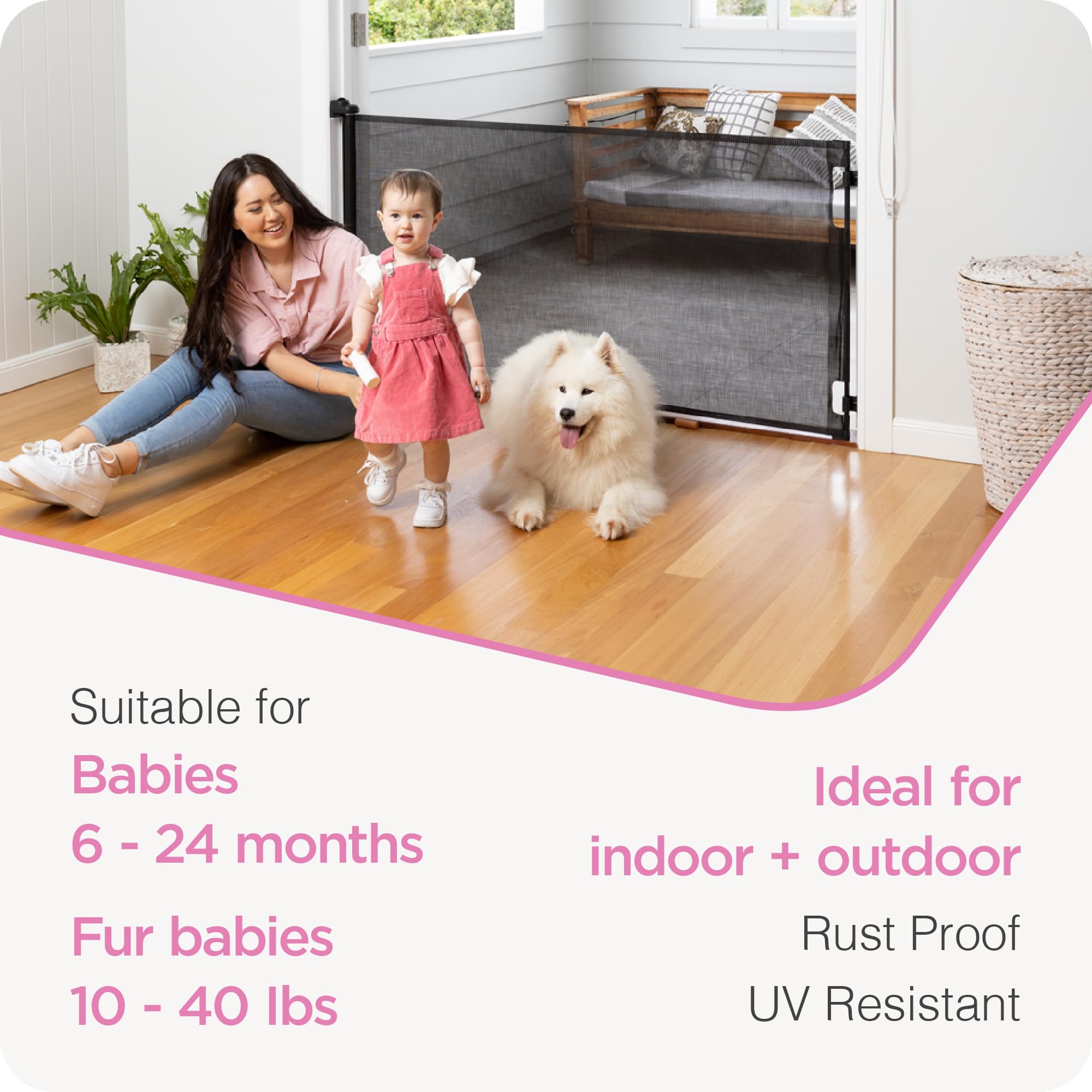 Retractable Baby Gate Perma Child Safety 33' Tall X 71” Wide, Mesh, For Stairs, Doorways, Dogs, Pets, Indoor, Outdoor, One-Handed Operation, Locking, Easy Install, Hardware Mount, Black