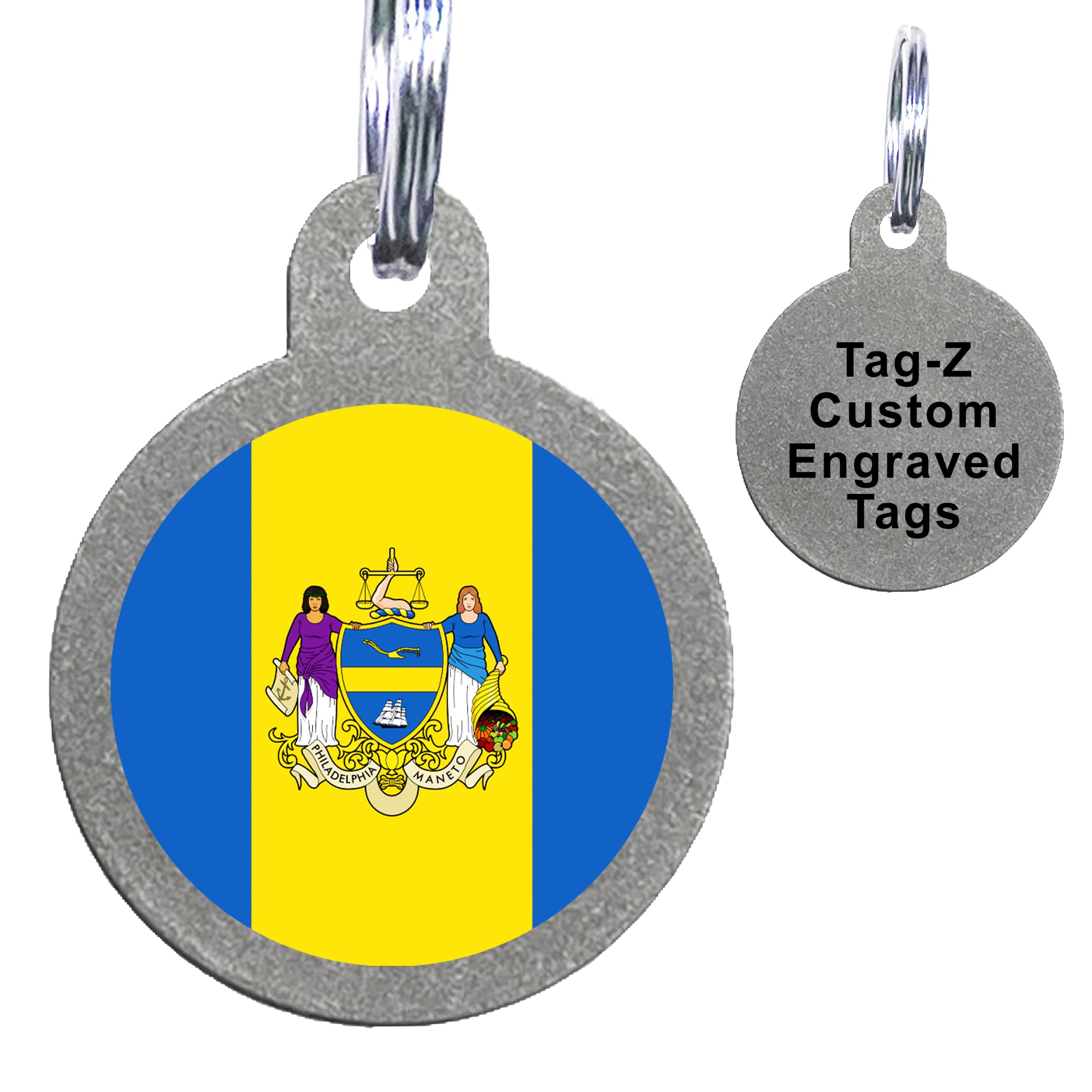City Flags Pet Id Tags, Custom Printed And Laser Engraved, Stainless Steel Bone Or Circle Shape Includes Split Ring And Silencer
