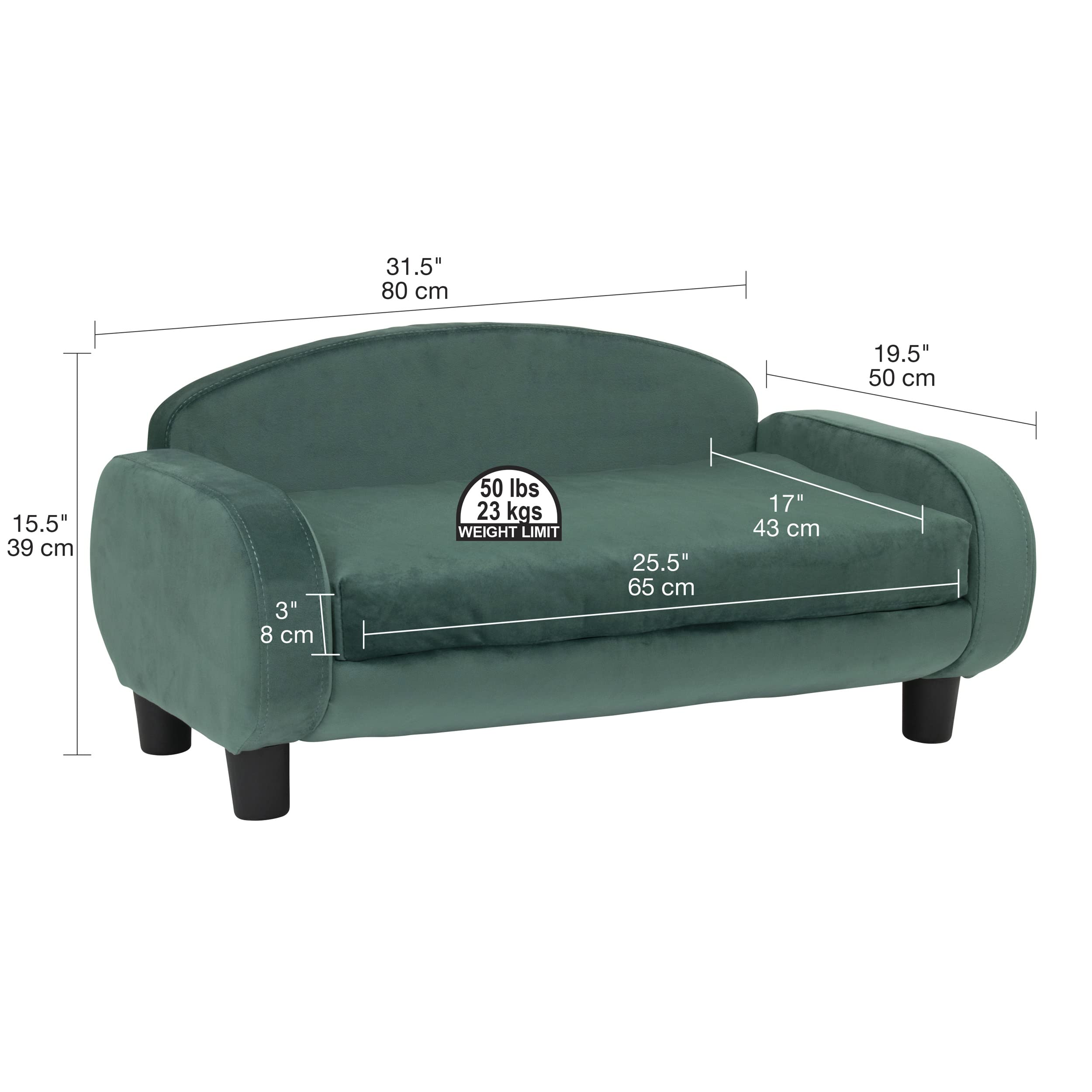Paws & Purrs Modern Pet Sofa 31.5 Wide Low Back Lounging Bed with Removable Mattress Cover in Espresso/Teal