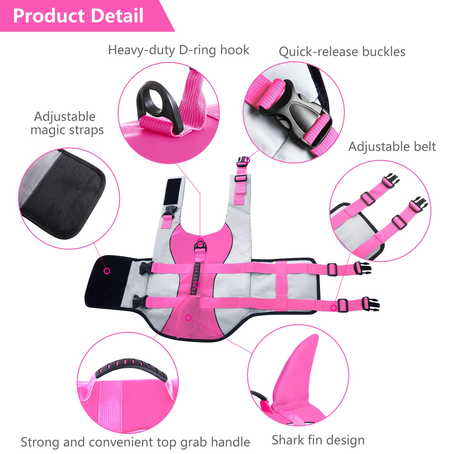 Asenku Dog Life Jacket Pet Life Safety Vest For Swimming Boating, Dog Shark Life Jackets Dog Lifesavers Swimsuits For Pool, Dog Water Floatation Vest For Small Medium Large Dogs, Shark Pink, Medium