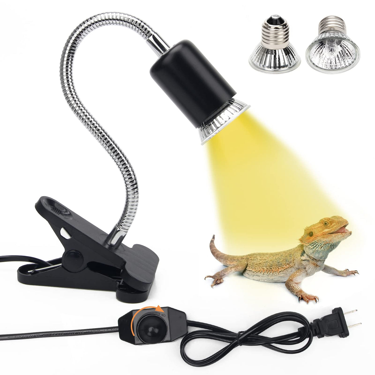 Catcan 50W Reptile Heat Lamps, Uva Uvb Reptile Light With 2 Heat Bulbs, 360°Rotatable Clips Adjustable Switch Heat Lamp For Turtle Lizard Snake Aquarium Amphibian