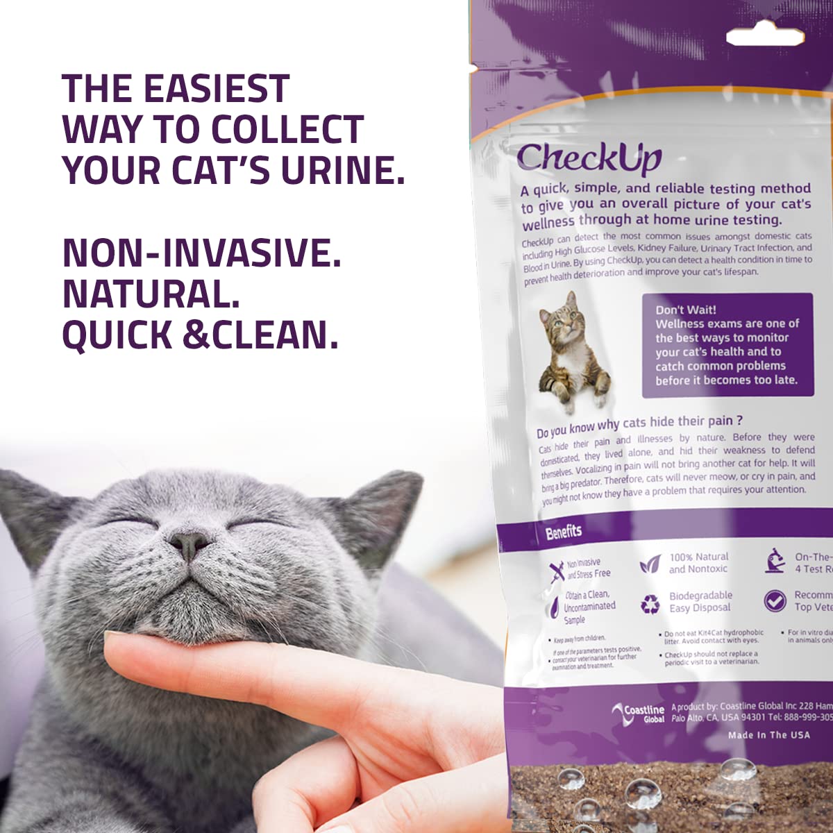 Checkup At Home Wellness Test Kit For Cats | 2Lb Hydrophobic Litter For Urine Collection, 2 Test Strips For The Detection Of The 4 Most Common Health Indicators - Ph, Protein , Glucose, Blood In Urine