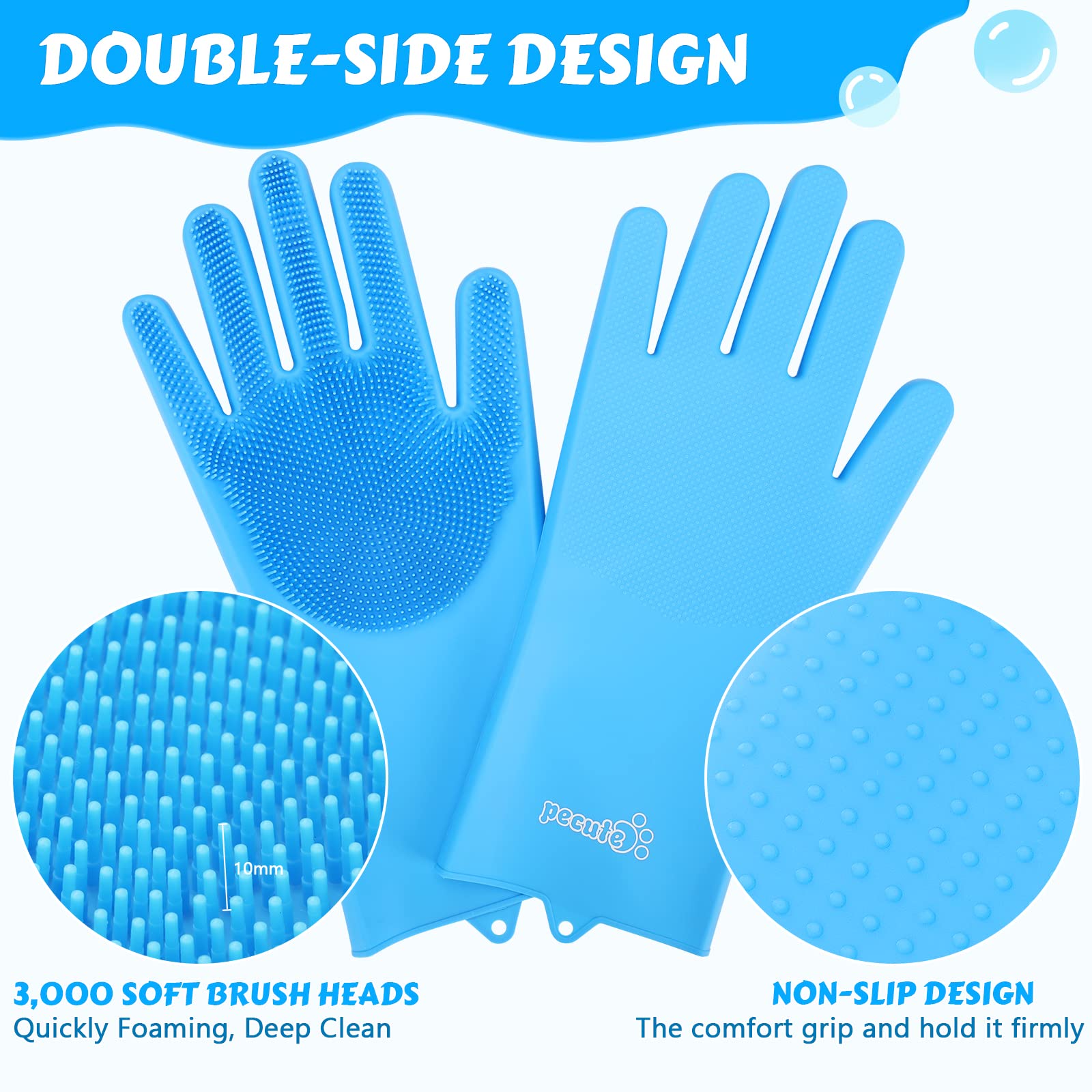 Pecute Pet Grooming Gloves, Heat Resistant Cat Bathing Gloves With High-Density Teeth, Silicone Dog Bathing Gloves With Enhanced Five Finger Design, Bathing And Massaging For Dogs And Cats Blue