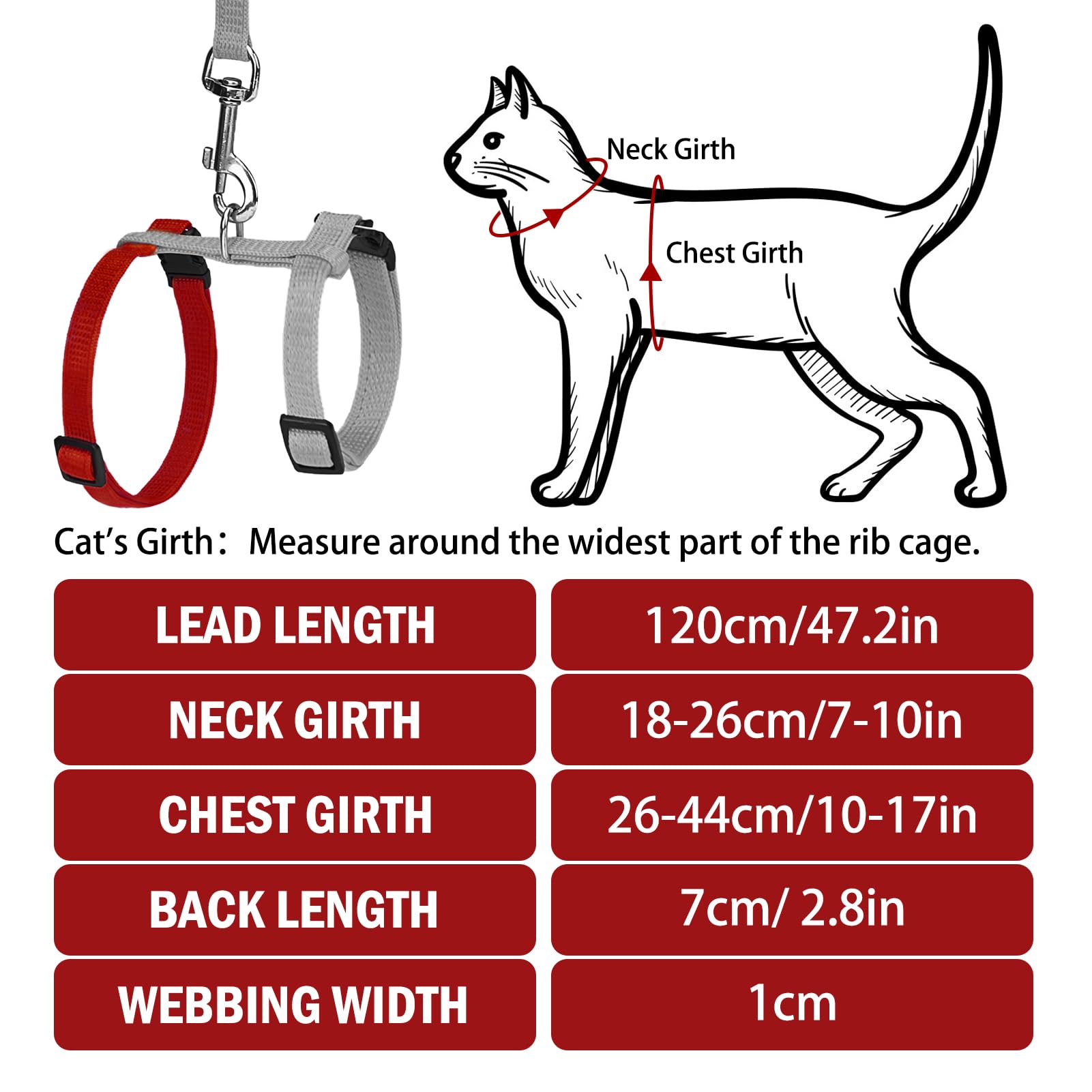 Pupteck Adjustable Cat Harness And Leash Set Escape Proof Kitten Strap Collar For Walking Travel, Grey/Red Mixed