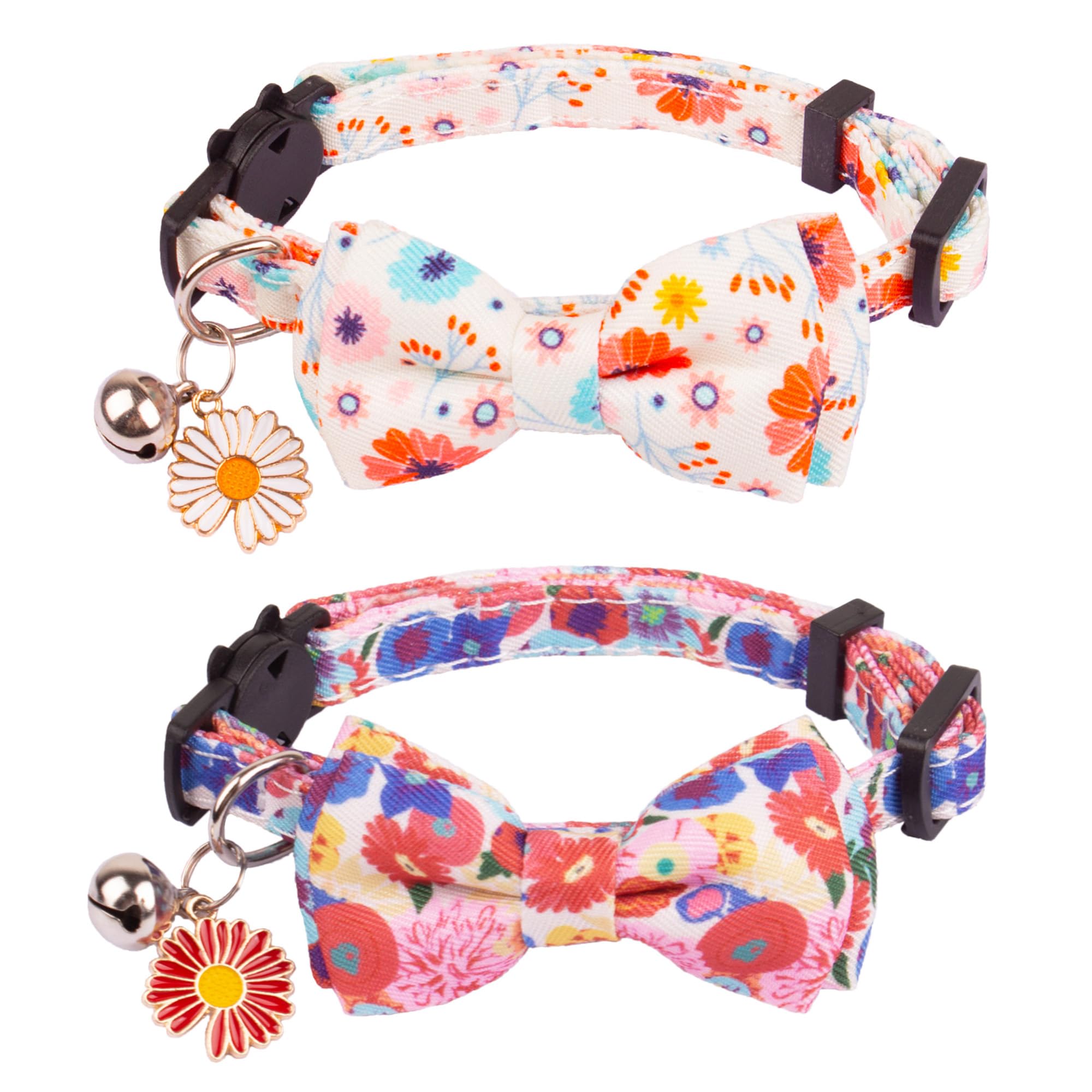 Adoggygo Floral Cat Collar Breakaway With Bow Tie Bell - 2 Pack Cute Flower Collars With Removable Bowtie Floral Bowtie Collars 