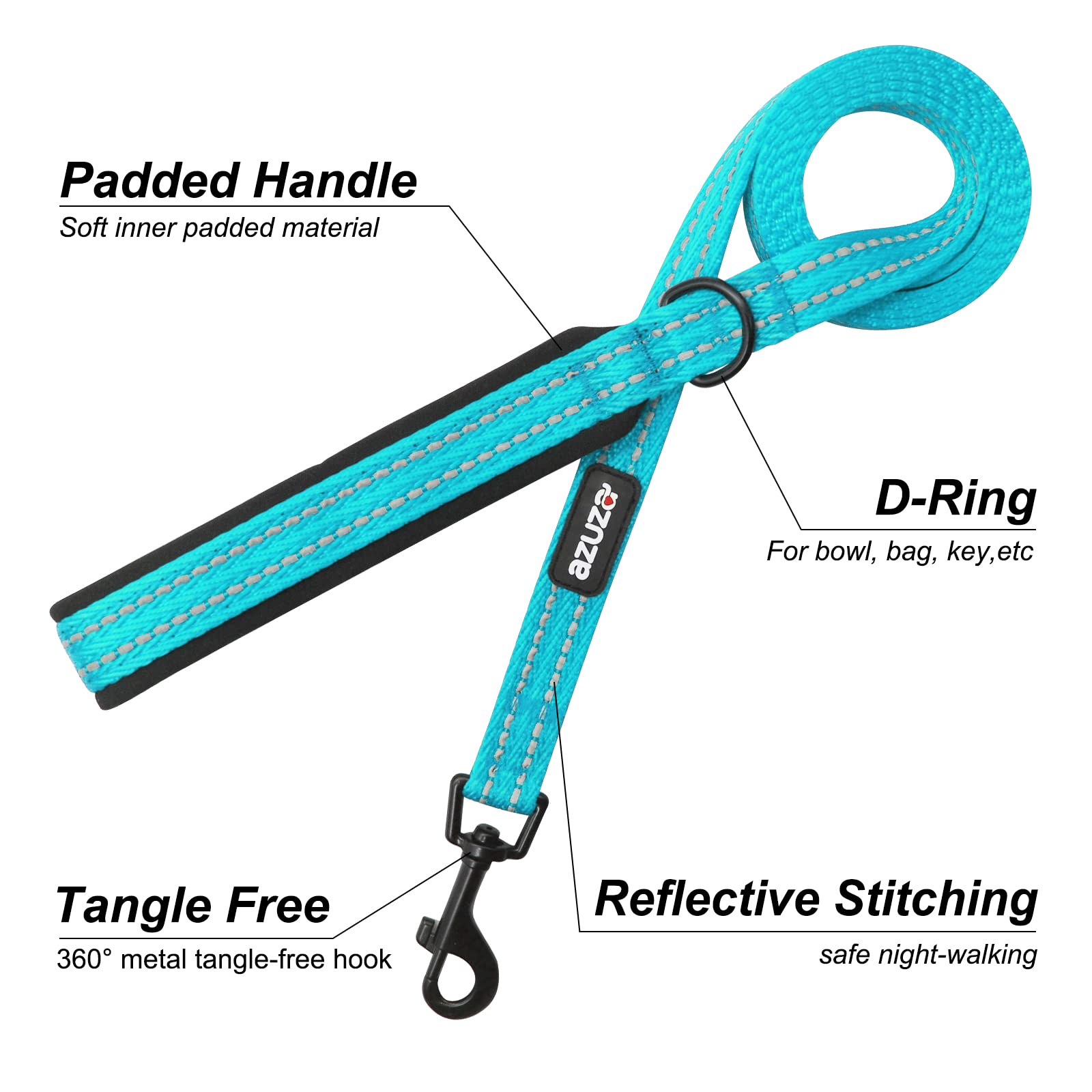 Azuza Reflective Padded Dog Leash And Collar Set Durable Extra Safe And Comfy For Small Medium Large Dogs