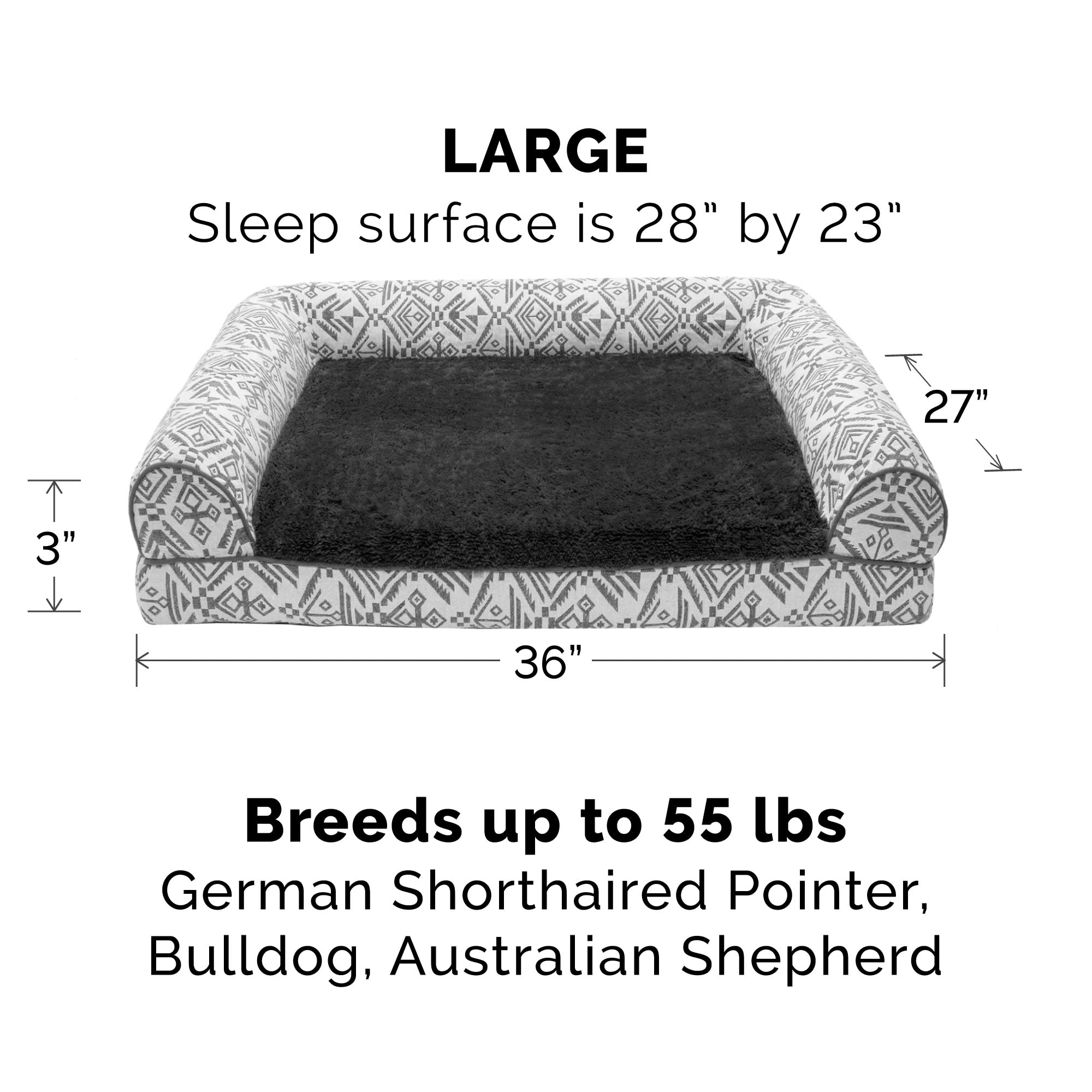 Furhaven Orthopedic Dog Bed For Large/Medium Dogs W/ Removable Bolsters & Washable Cover, For Dogs Up To 55 Lbs - Plush & Southwest Kilim Woven Decor Sofa - Boulder Gray, Large