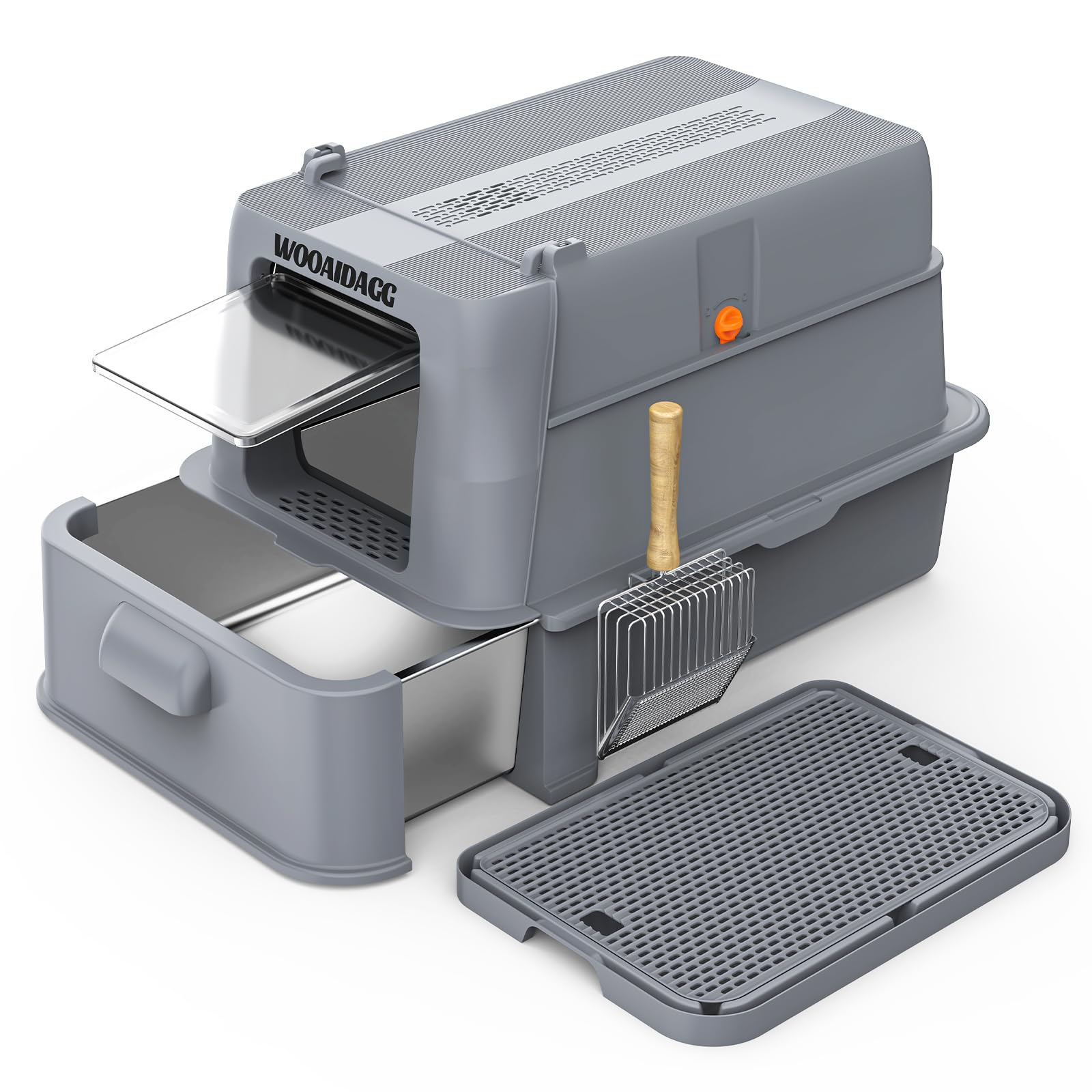 Wooaidagg Covered Stainless Steel Cat Litter Box With Odor Control, Modular Design With Drawer, Easy To Clean With Scoop,Xl Size