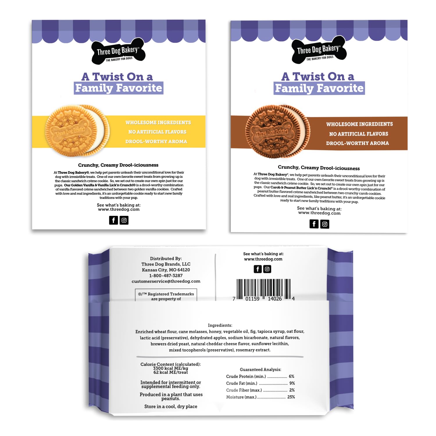 Three Dog Bakery Lickn Crunch Baked Dog Treats, Carob and Peanut Butter Flavor, 13 Ounce Box, 6-Pack (114059)