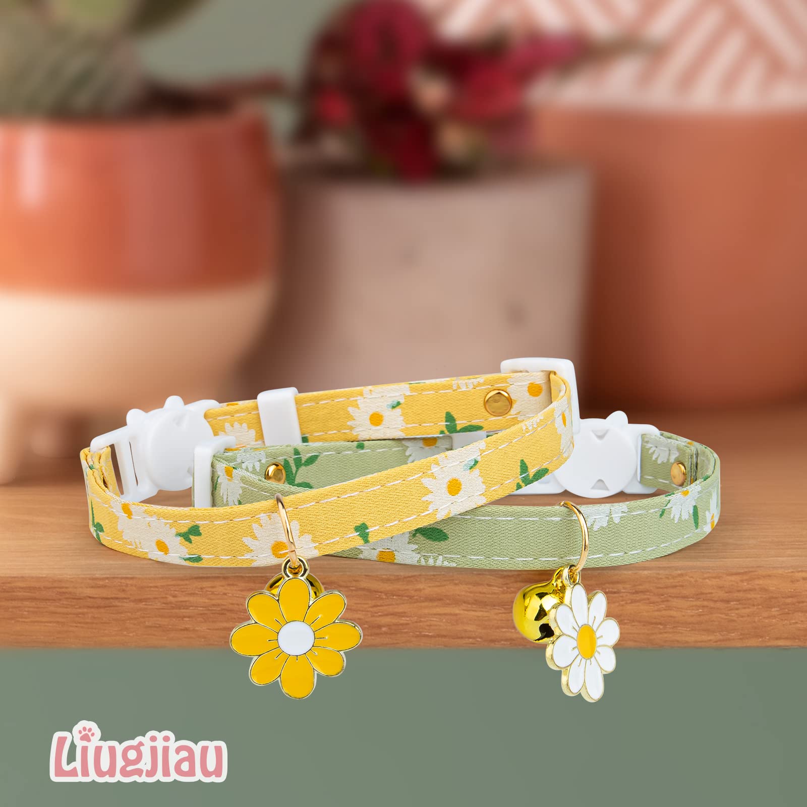 2 Pack Cotton Breakaway Cat Collar With Bell,Yellow&Green Flowers Pendant Cute Cat Collar Kitten Collar,Ideal For Girl Cats Boy