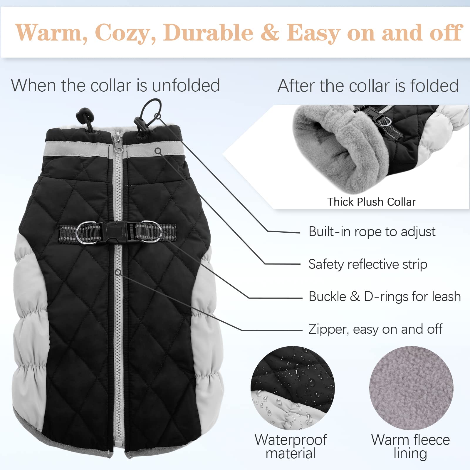 Ouobob Dog Winter Jacket Cozy Reflective Waterproof Windproof Warm Pet Garment,Comfortable Cold Weather Fleece Apparel Outfits With Zipper Closure For Small Medium Large Dogs Puppy Walking,X-Small