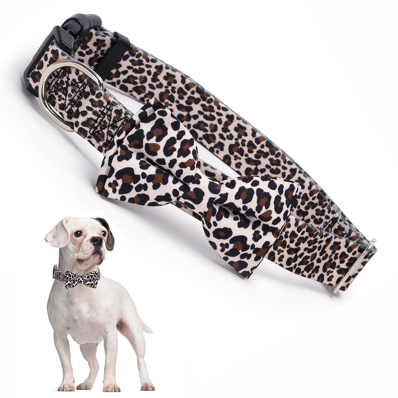 Leopard Dog Collars for Large Dogs with Bow tie, Pretty Pattern Cheetah Print Design Quick Release Buckle Soft Nylon Girl Dog Co