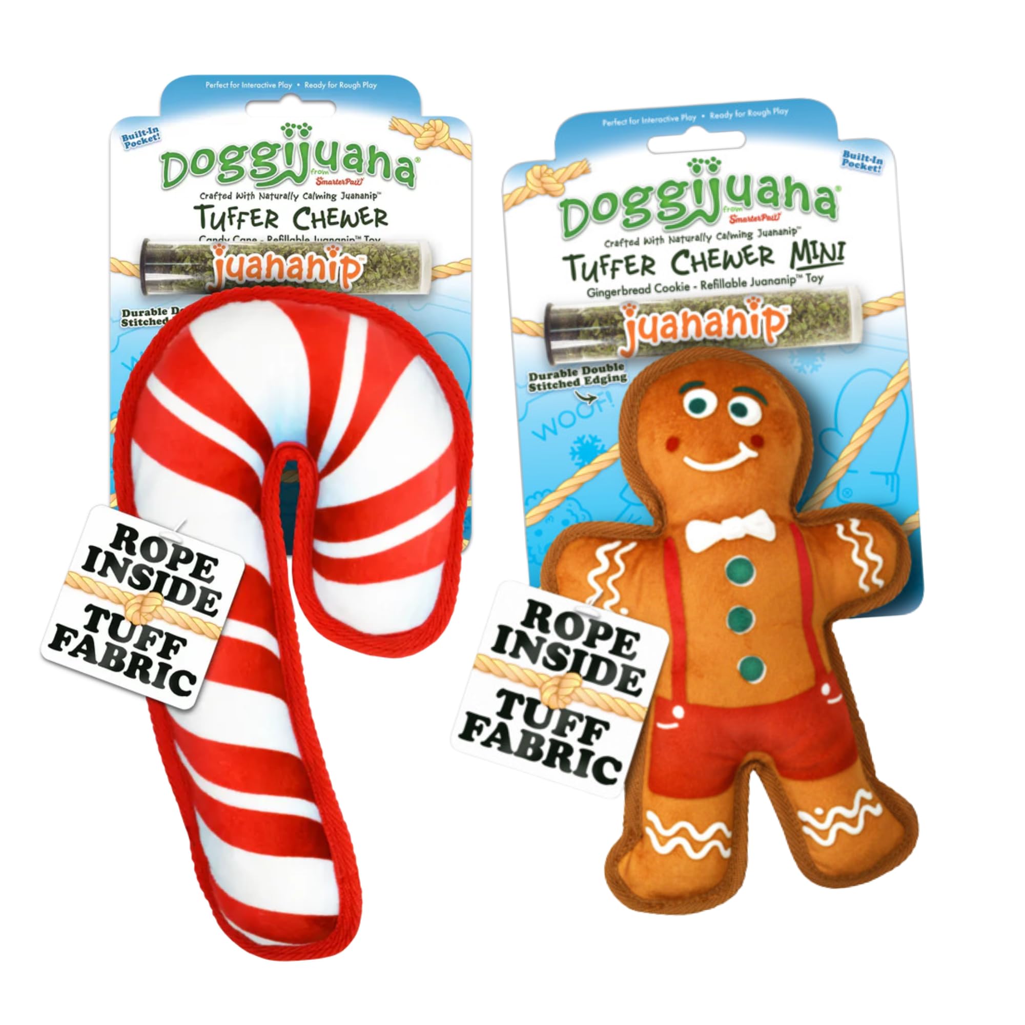 Doggijuana Cozy Cafe Combo Refillable Juananip Toy Bundle | Candy Cane & Gingerbread | Funny Dog Toy Plush with Catnip and Refil