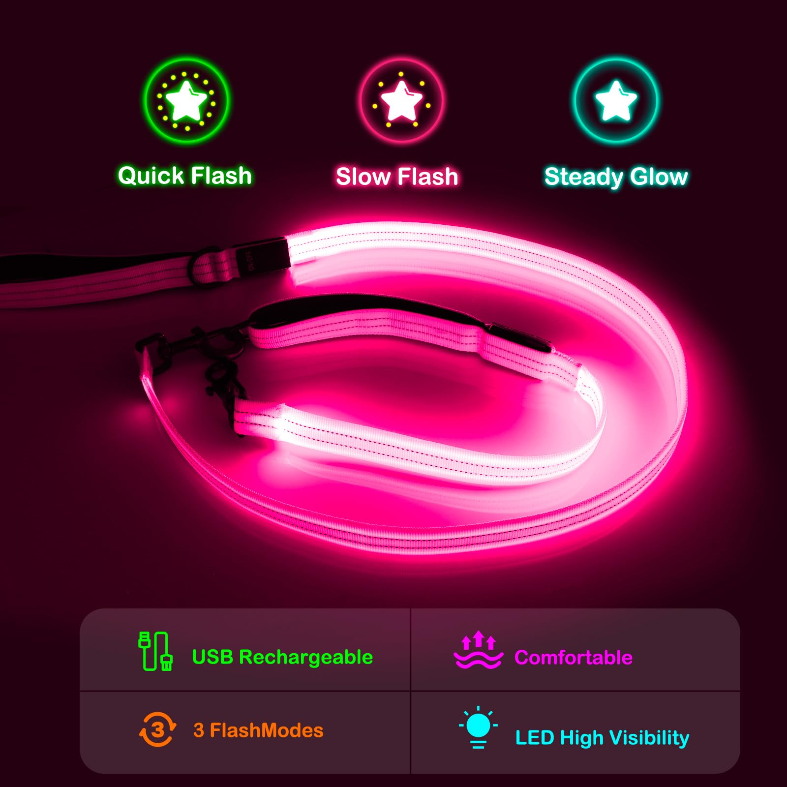 Itk Light Up Dog Leash, Led Leashes Rechargeable, Nylon Reflective Lead With Padded Handle For Night Walking, Safety Glow Lights
