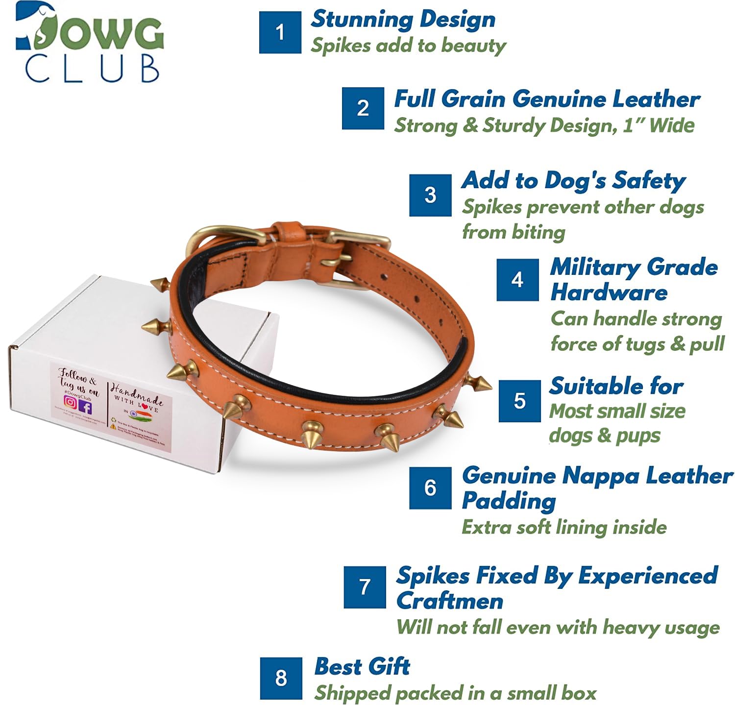 Dowgclub | Genuine Leather Spike Dog Collar | 1'' Wide | Full Grain, Heavy Duty, Comfortable, Strong, Inner Padding | Best For S