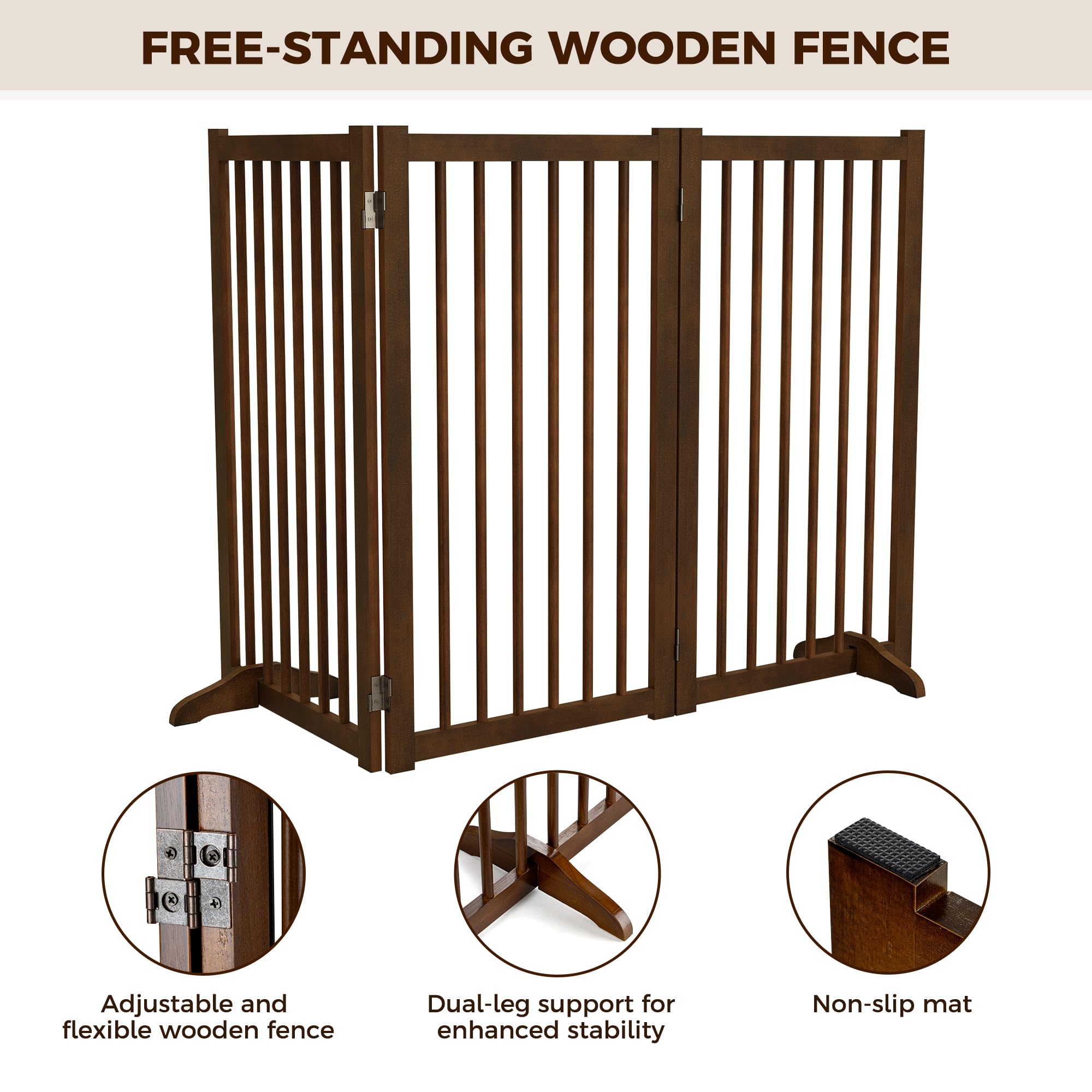 36 H Freestanding Pet Gate, Solid Wood Foldable Dog Gate with Support Feet, Wooden Tall Dog Gate for Doorway, Stairs & Indoor Us