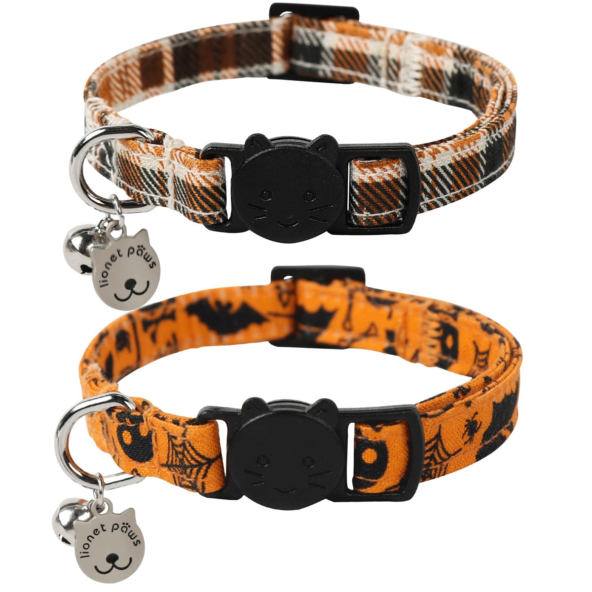 Lionet Paws 2Pcs Pack Cotton Cat Collar,Breakaway Buckle With Halloween And Brand Pendant Cute Adjustable Cat Kitten Collar,Idea