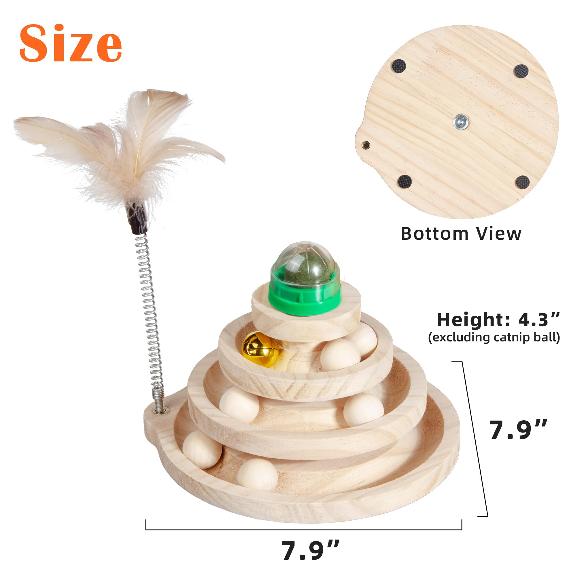 Fantasreen Wooden Cat Track Toy with Large Catnip Ball, Metal Bell Ball, 3-Level Interactive Tower for Indoor Cats, No Paint Saf