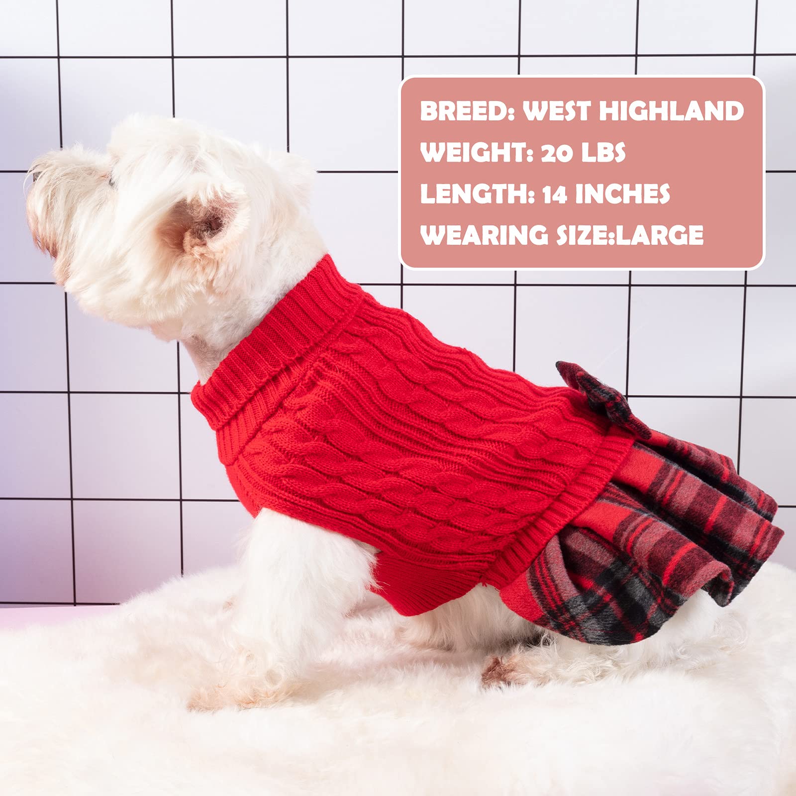 Kyeese Christmas Dogs Sweater Dress Plaid For Small Dogs With Bowtie Turtleneck Dog Pullover Knitwear Puppy Cat Sweaters Red