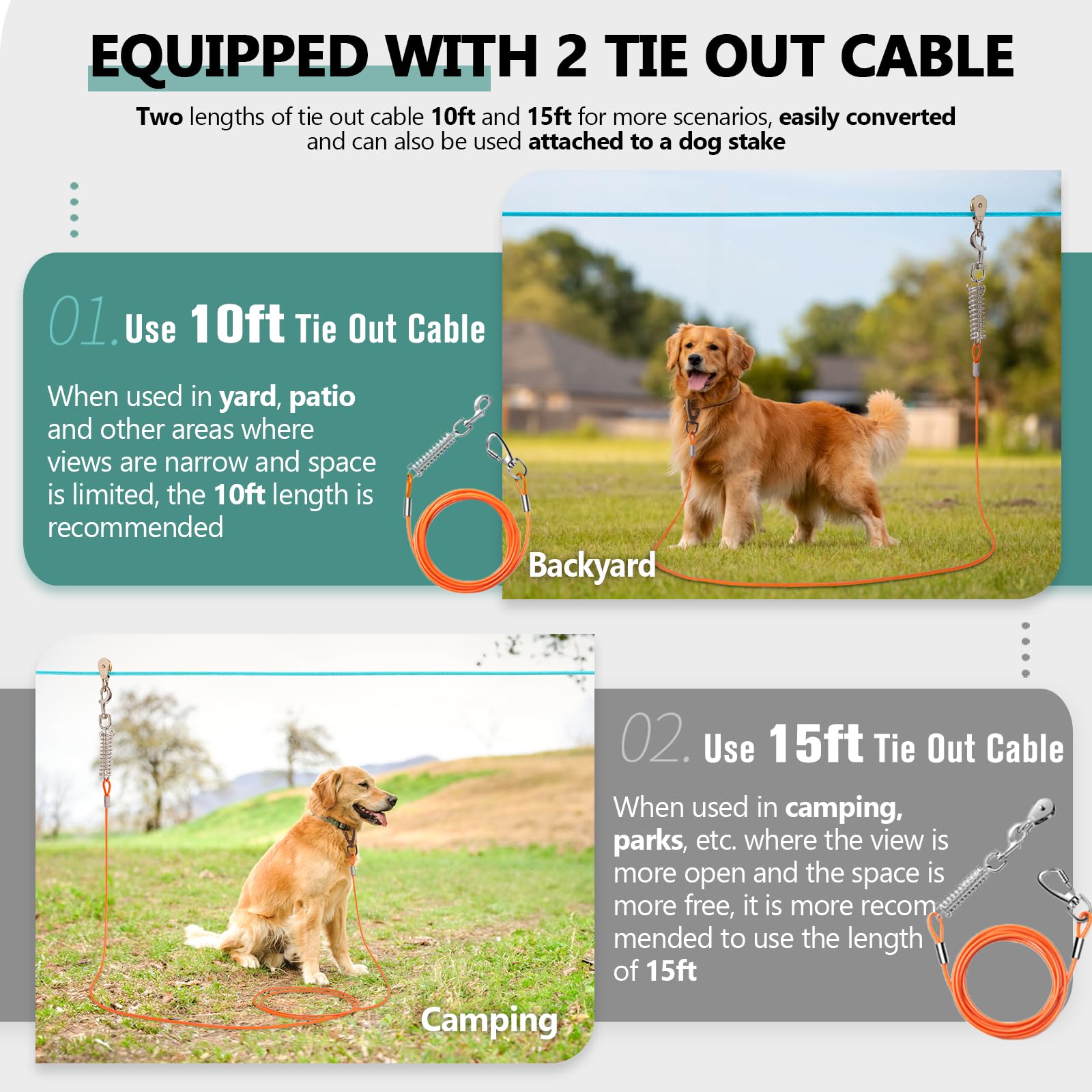 Professional Dog Runner Trolley System,Heavy Duty & Adjustable 55Ft Dog Zip Line With 10Ft & 15Ft Tie Out For Large Dogs Up To 2