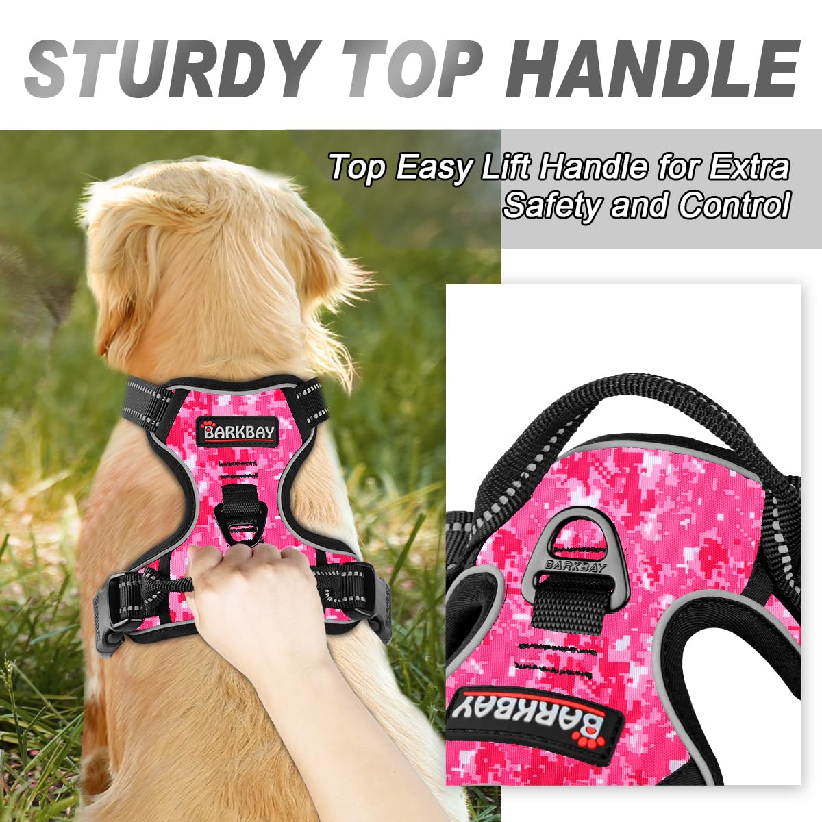 Barkbay No Pull Dog Harness Front Clip Heavy Duty Reflective Easy Control Handle For Large Dog Walking(Pink Camo,M)