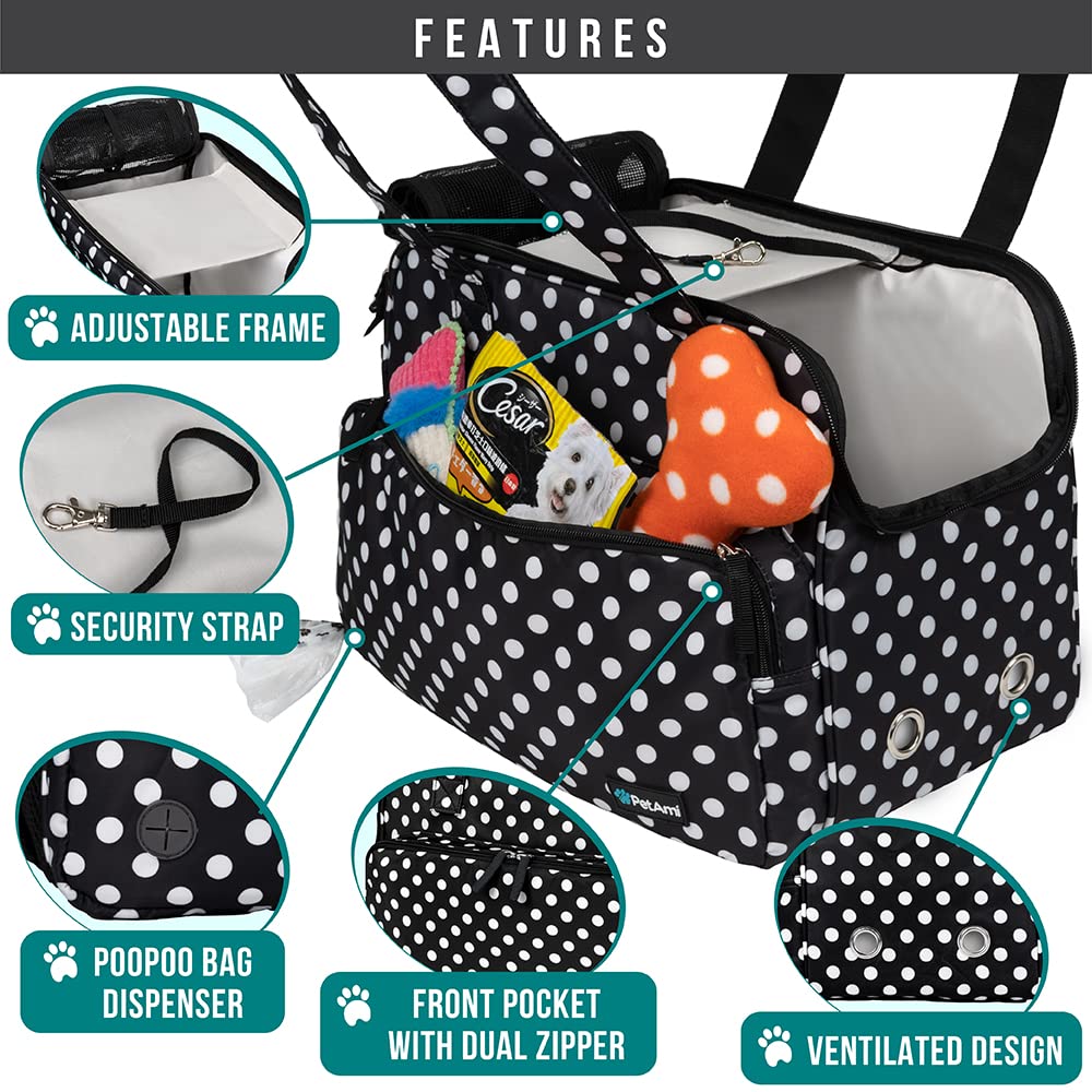 Petami Small Dog Purse Carrier, Soft-Sided Pet Carrier Bag With Pockets, Portable Puppy Cat Travel Handbag Tote, Airline Approved Breathable Mesh, Poop Bag Dispenser, Max 18 Lbs, Polka Dot Black