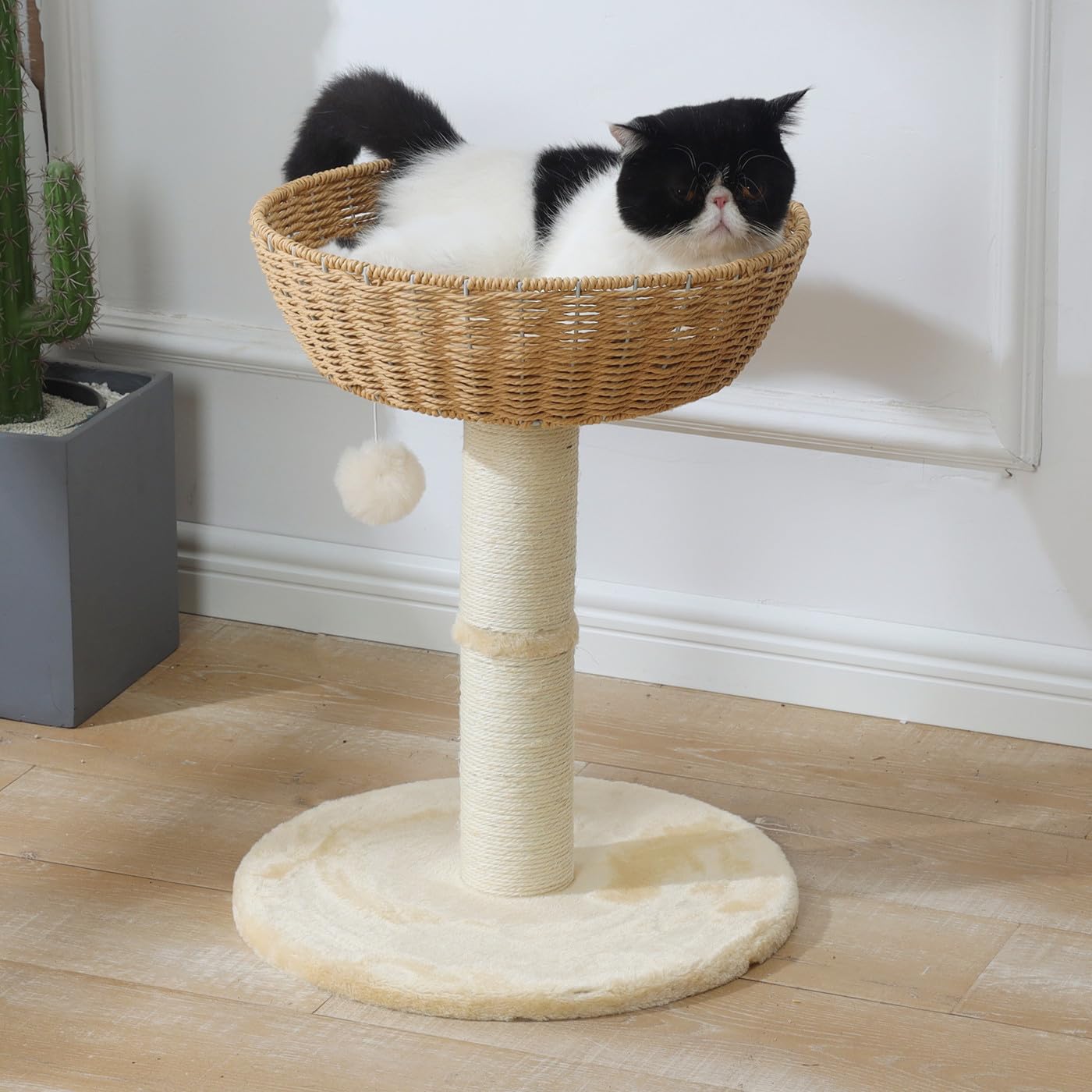 Shengocase Cat Tree Tower With Rattan Wicker Basket, Handwoven Large Nest Basket Bed, Window Perch For Large Cats Up To 20Lbs