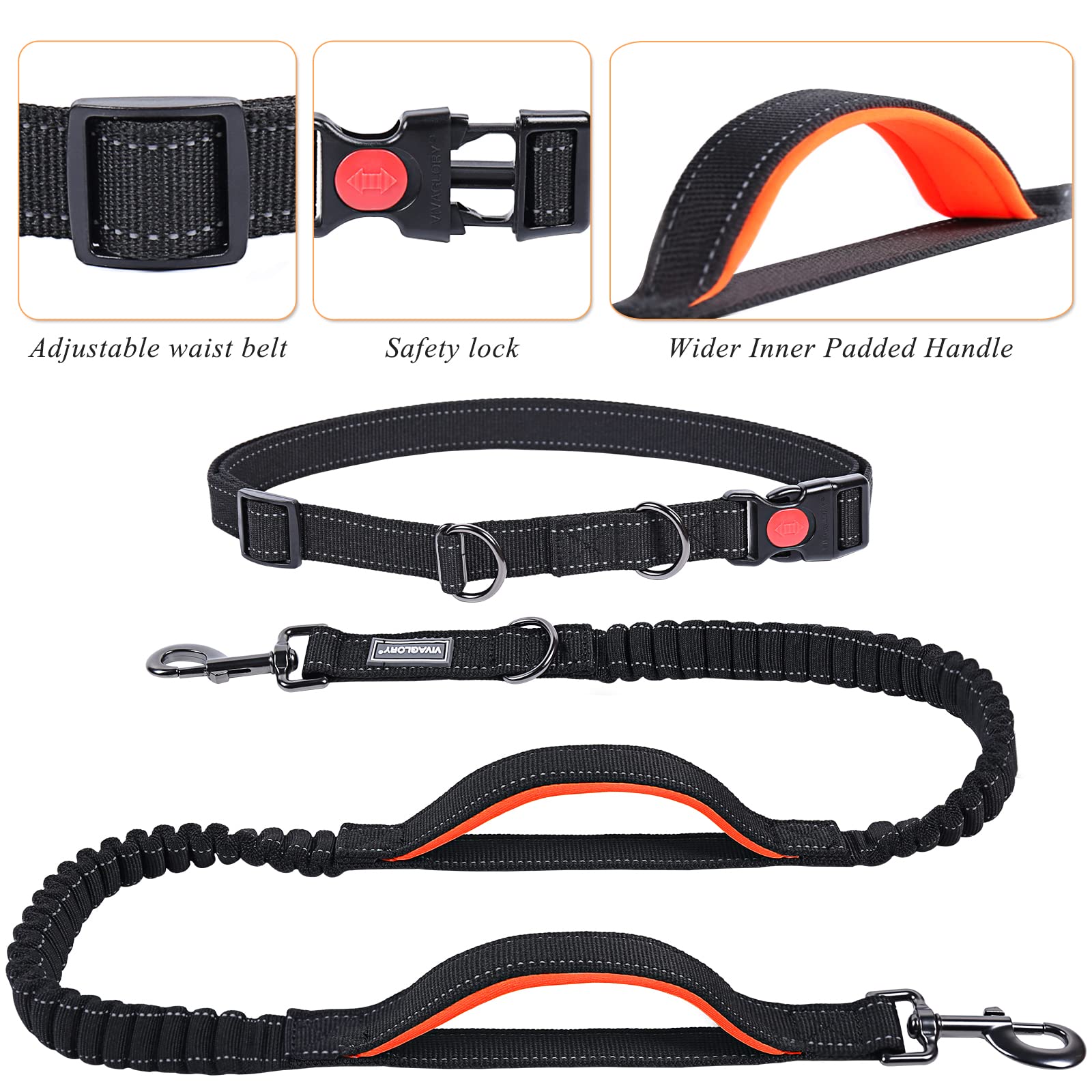 Vivaglory Hands Free Dog Leash With Dual Advanced Anti-Shock Bungees And Padded Handles, Reflective Waist Running Leash With Adjustable Belt For Training Jogging For Medium Large Dogs, Black/Orange