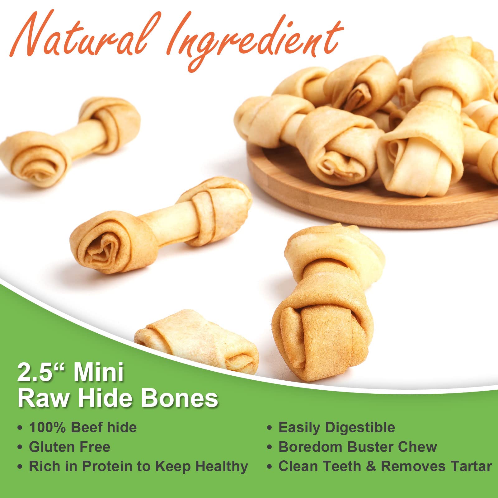 MON2SUN Dog Rawhide Knot Bones Small Rawhide Bones Mini Dog Chews Chicken Flavour 2.5 Inch 100 Count for Puppy and Small Dogs