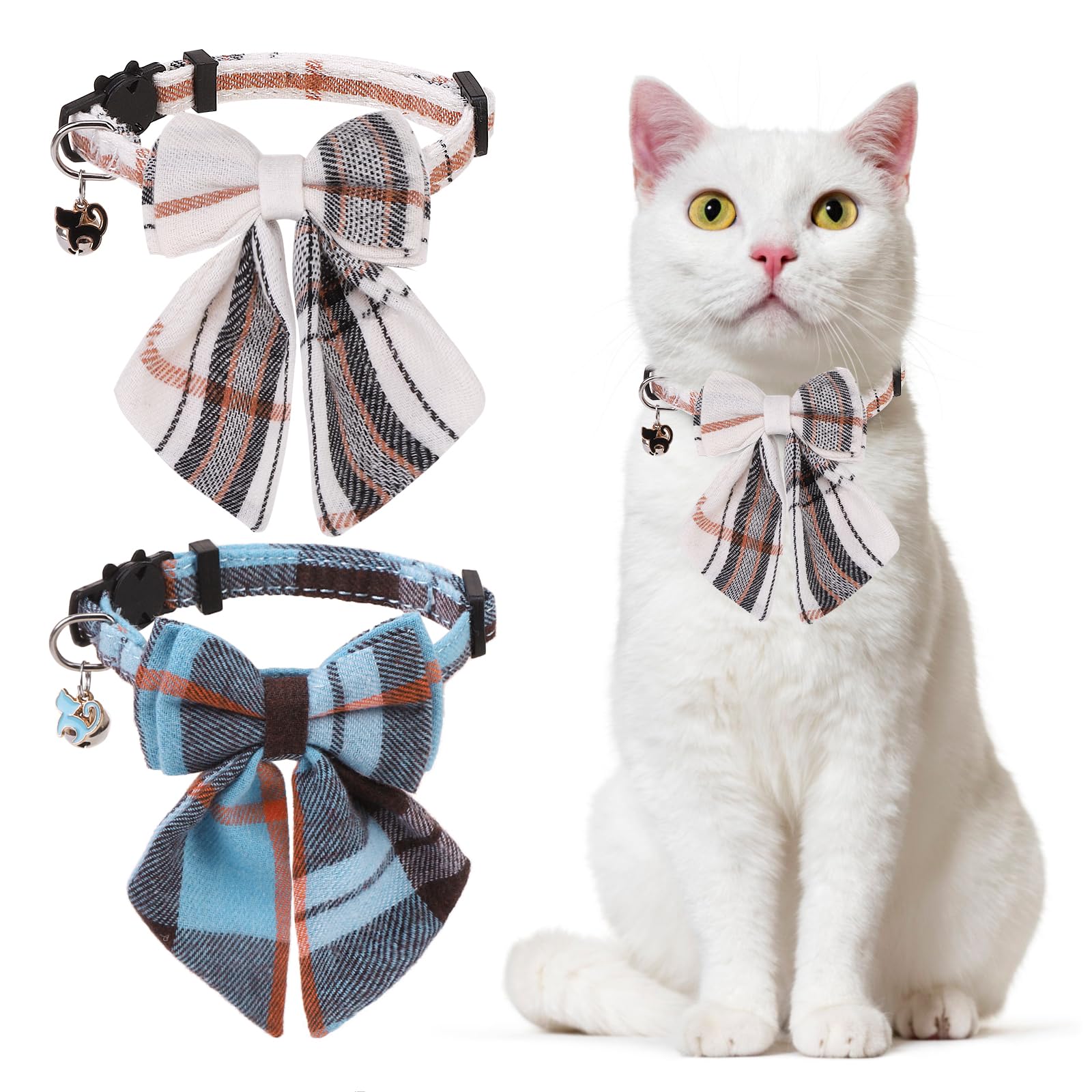 Dillybud Cat Collar With Bells Breakaway, Bowtie Cat Collar For Boy Girl Cats With Removable Bow Tie Collar, Cute Plaid Kitten C