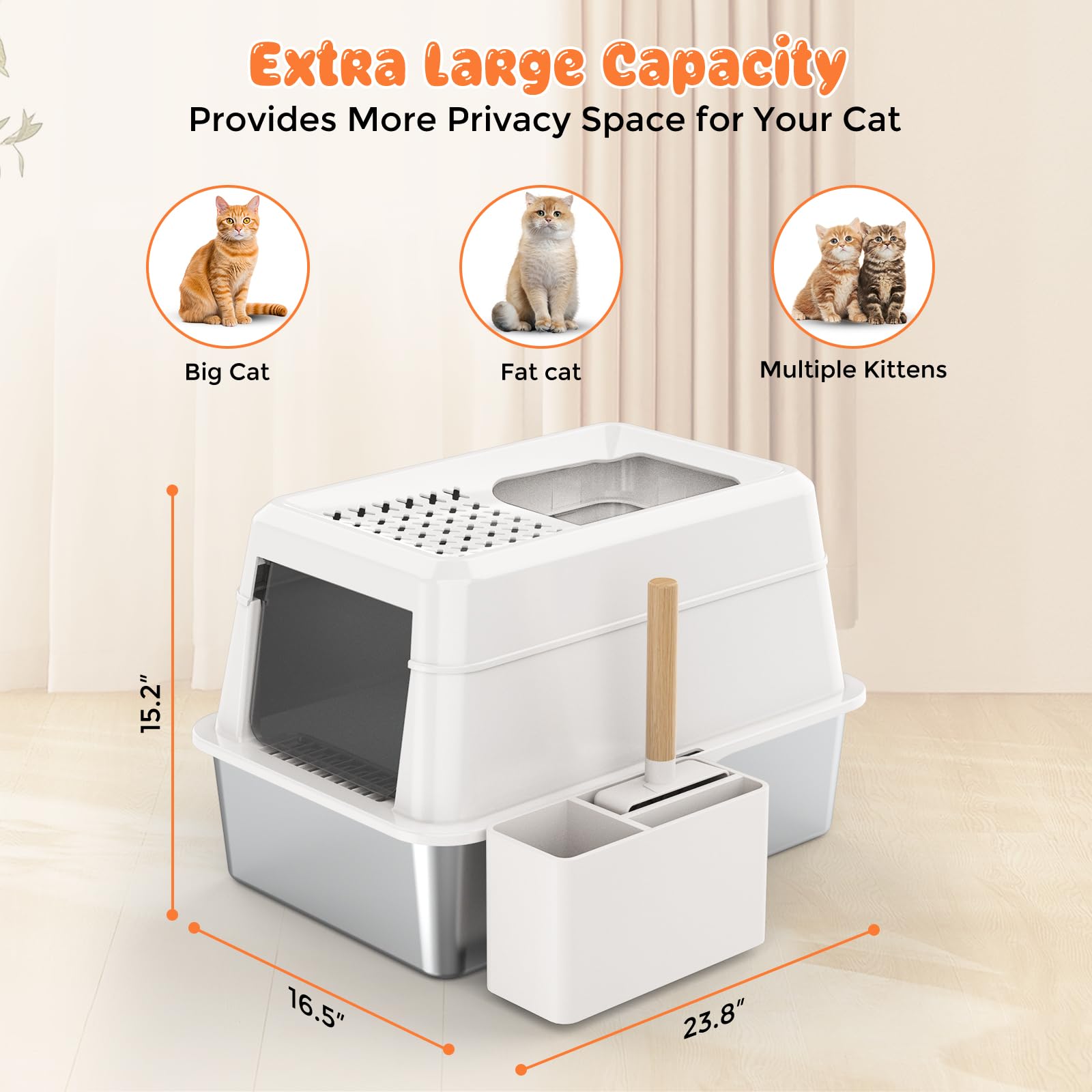 URPOWER Extra Large Stainless Steel Cat Litter Box with Lid, Non-Sticky Metal Pan, High Sided Enclosure, Easy Cleaning, White