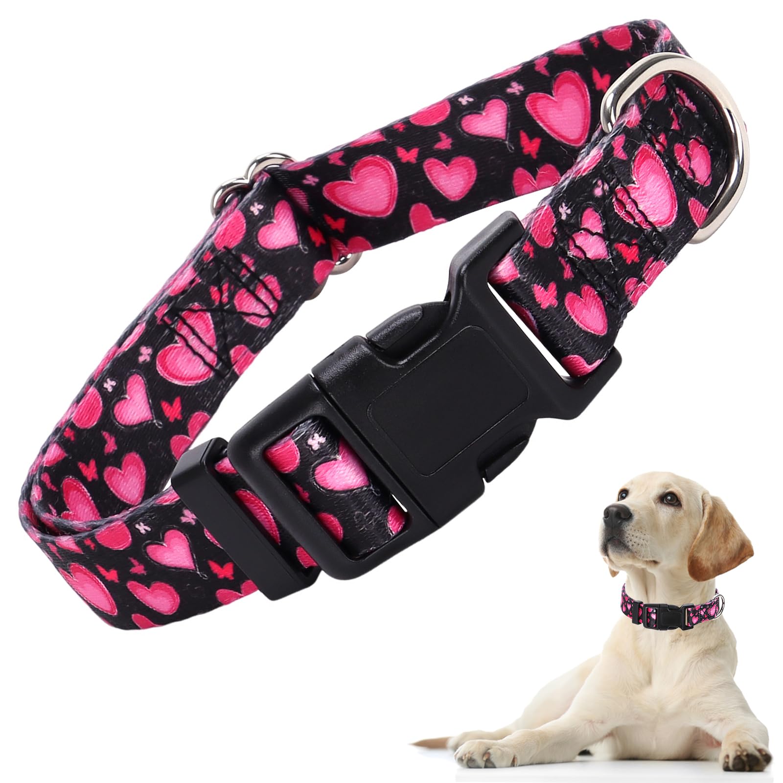 Dog Collar For Large Dogs With Love Heart Patterns For Girl & Boy Dogs, Pink Dog Collar Adjustable Heavy Duty Nylon Collar With 