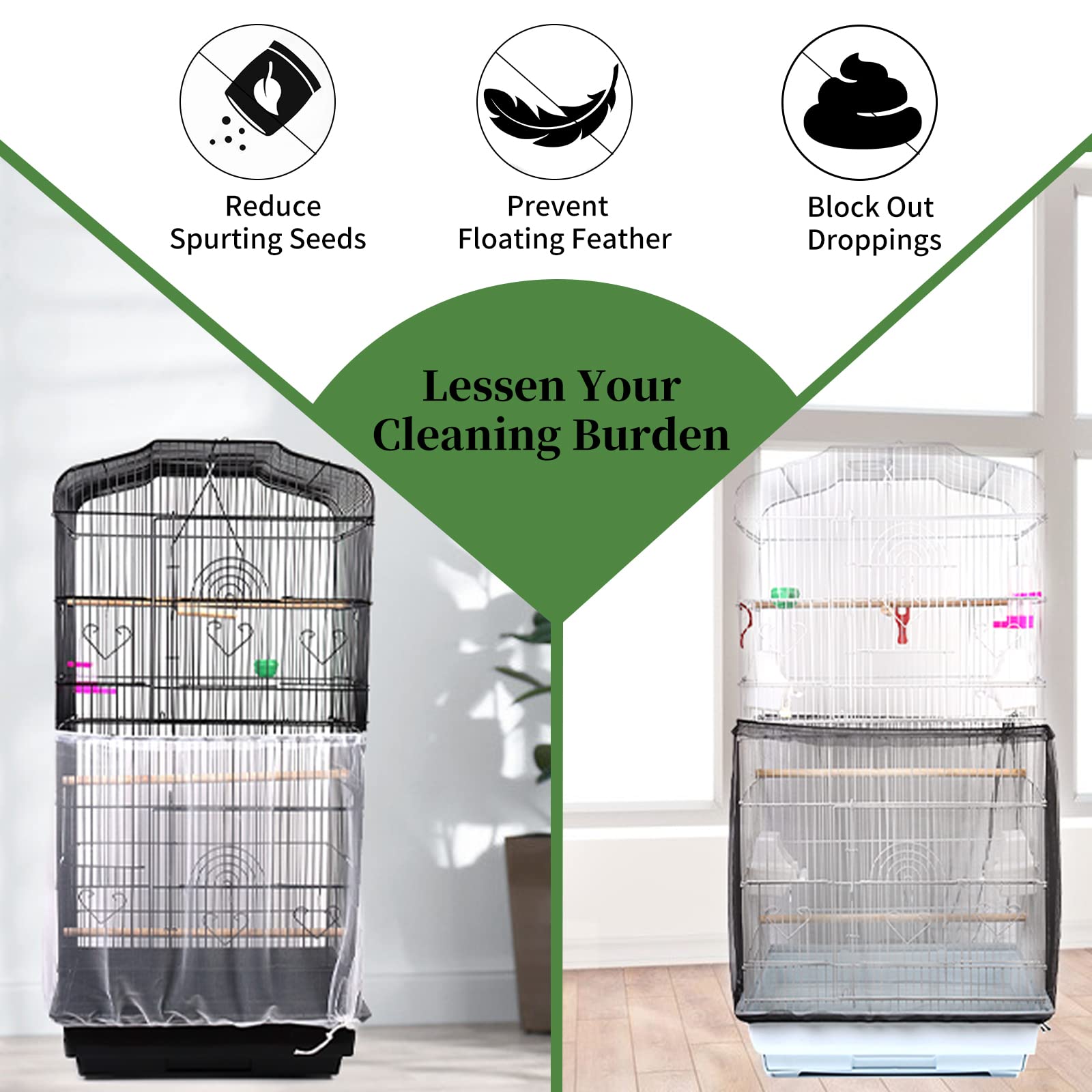 Daoeny 2Pcs Bird Cage Cover, Adjustable Soft Airy Nylon Mesh Parrot Net, Universal Feather Seed Catcher, Birdcage Cover Skirt Sheer Guard For Round Square Bird Cages (White +Black)