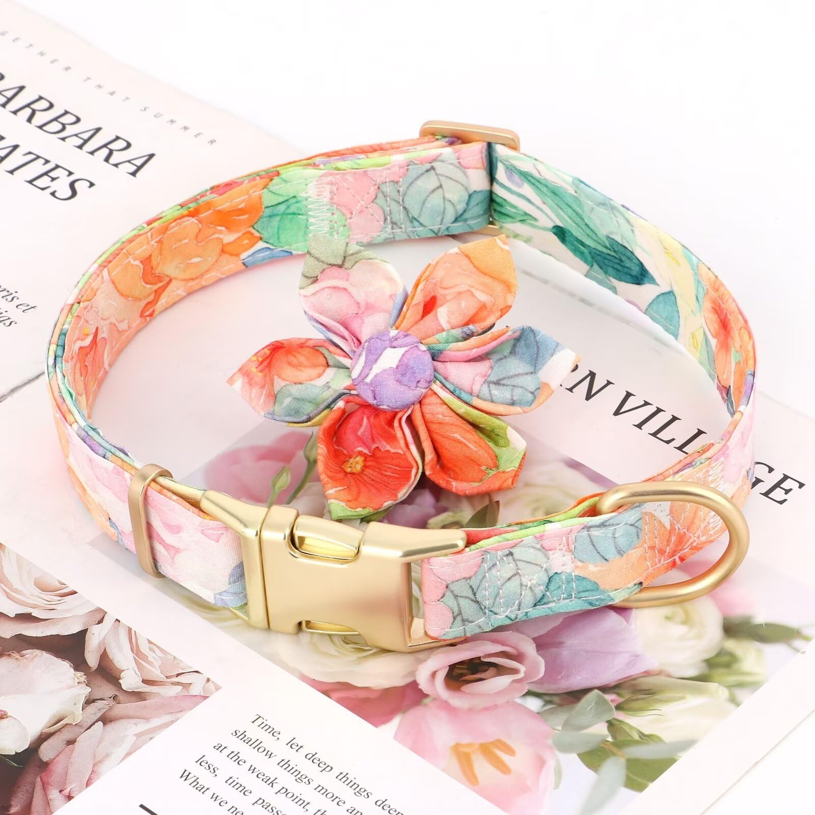 Beirui Cute Girl Dog Collars for Female Dogs, Floral Dog Collar with Spring Flower Patterns, Soft Pet Collars for Small Medium L