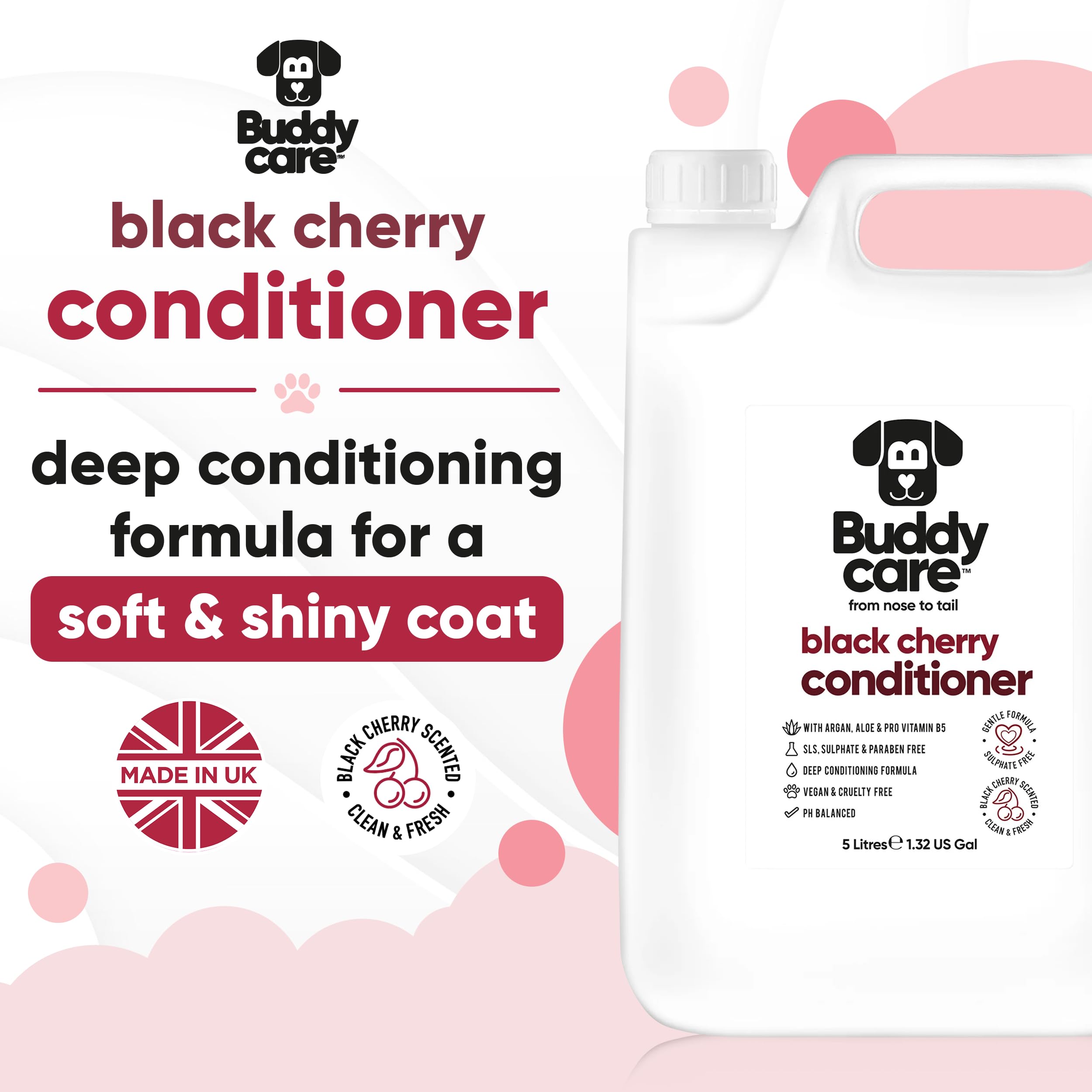 Buddycare Black Cherry Dog Conditioner (169.07oz) Made with Aloe Vera, Argan Oil & Pro Vitamin B5 | Detangle Matted Coats & Reli