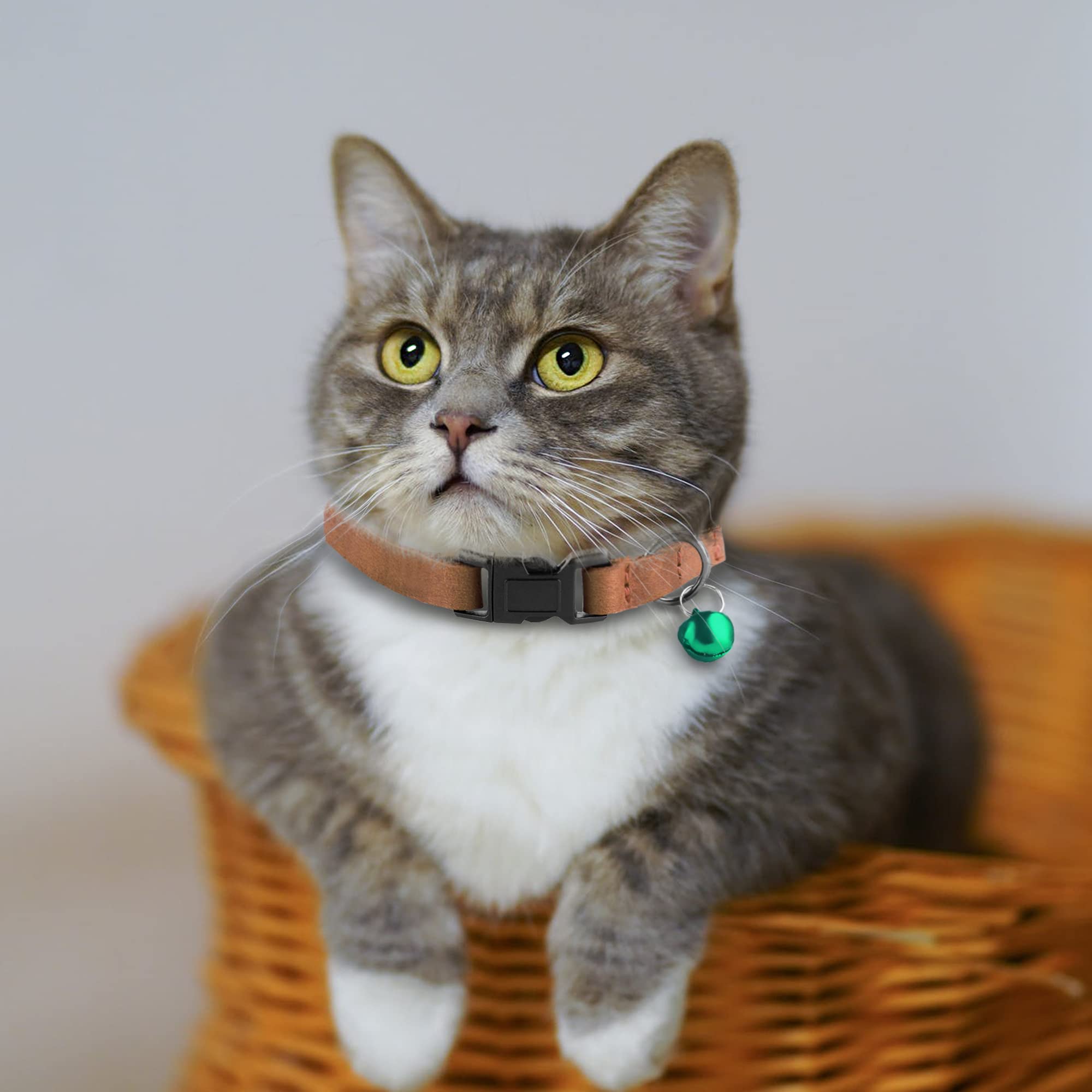 Murom Breakaway Cat Collar Leather Soft Adjustable Pet Kitten Collars With Bell Pink Brown Blue Green Red (Red)