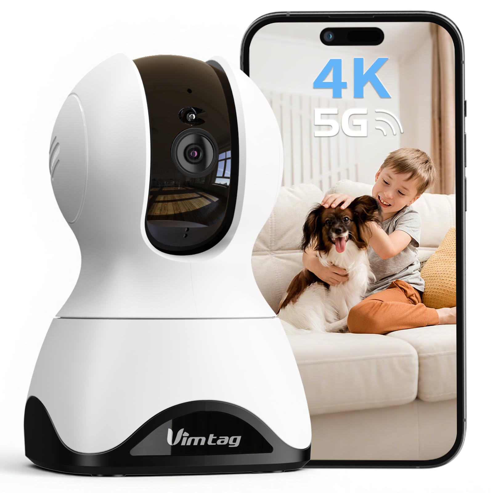 VIMTAG 4K Security Camera Indoor, 5G Pet Camera with Phone App for Dog/Cat, 360 Pan/Tilt Cameras for Home/Nanny/Baby/Room, Night