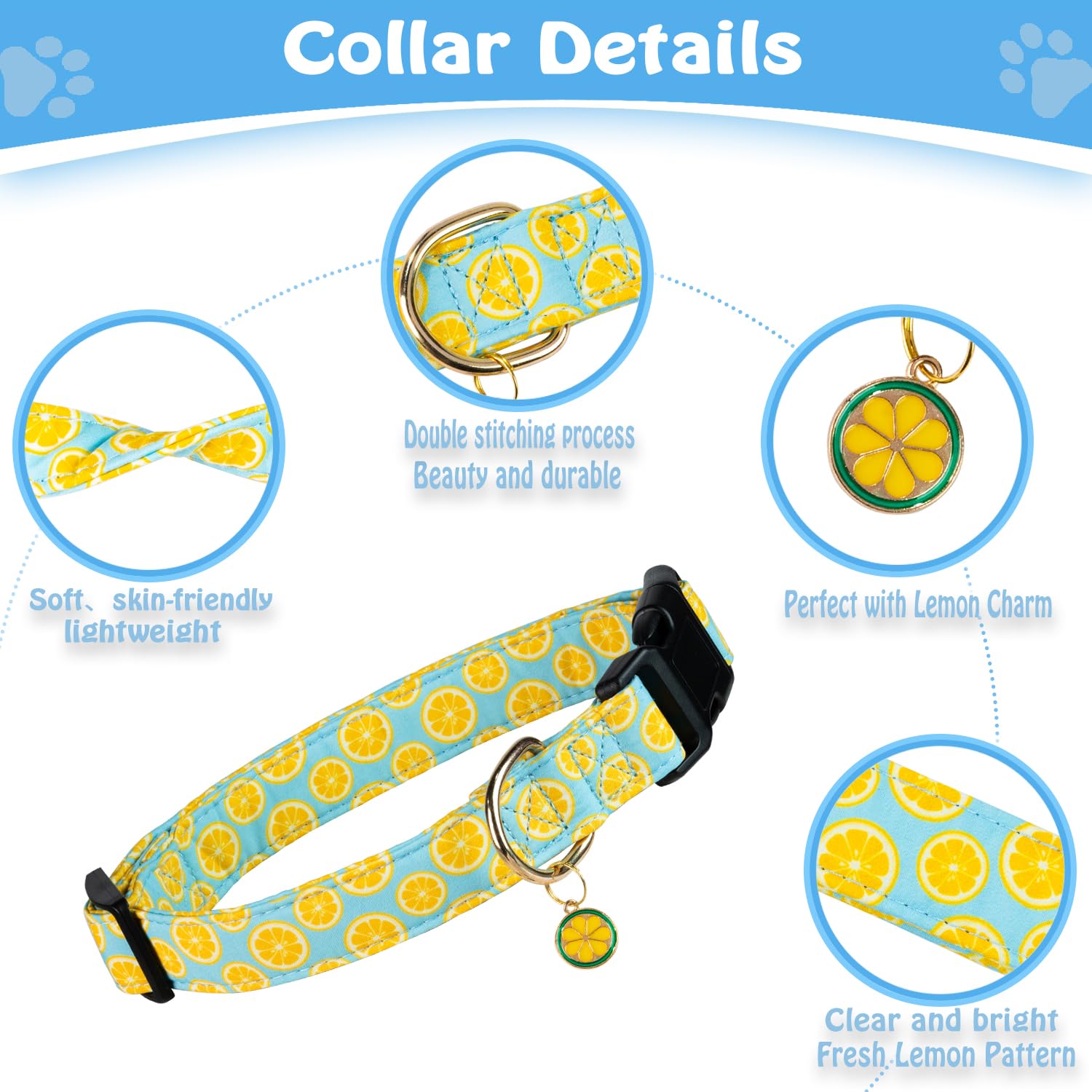 Prehai Cute Cotton Dog Collar For Boy And Girl Dogs Summer Lemon Pattern Puppy Collar For Small Medium Large Dogs Adjustable Lem