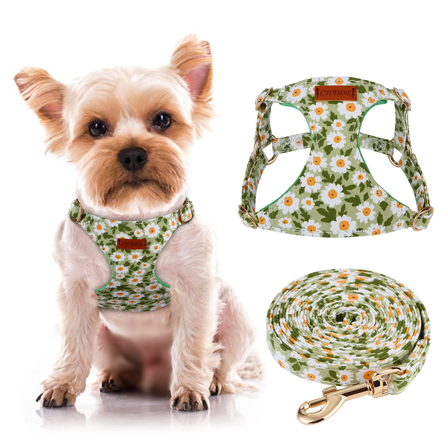 Chede No Pull Floral Pattern Dog Harness- Lightweight And Soft Dog Harness, Adjustable Small Dog Harness And Leash Set, With Dog Leash, Suitable For Puppy Small And Medium-Sized Dog (Xxs, Green Daisy)
